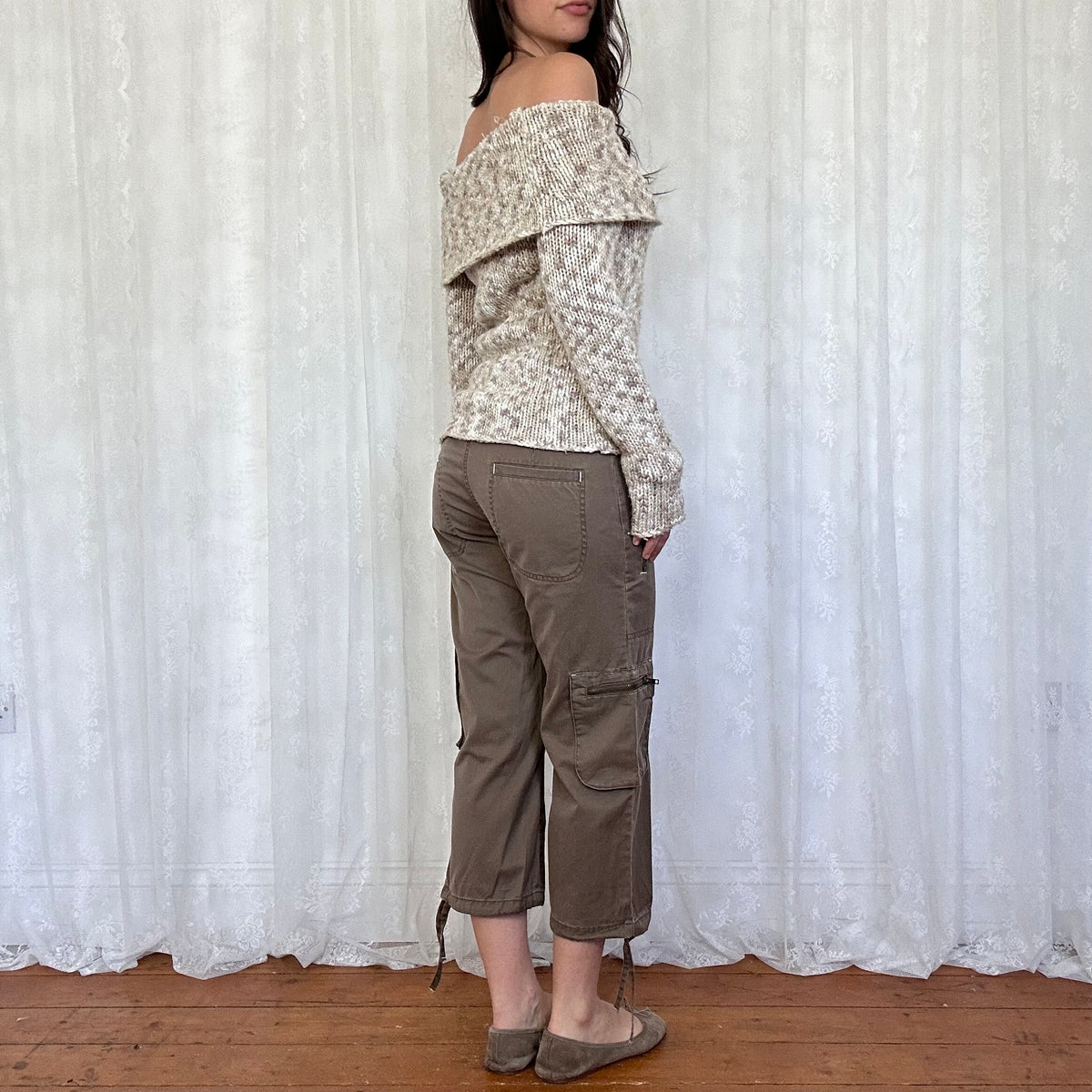 vintage 00s cream and brown off shoulder knitted jumper
