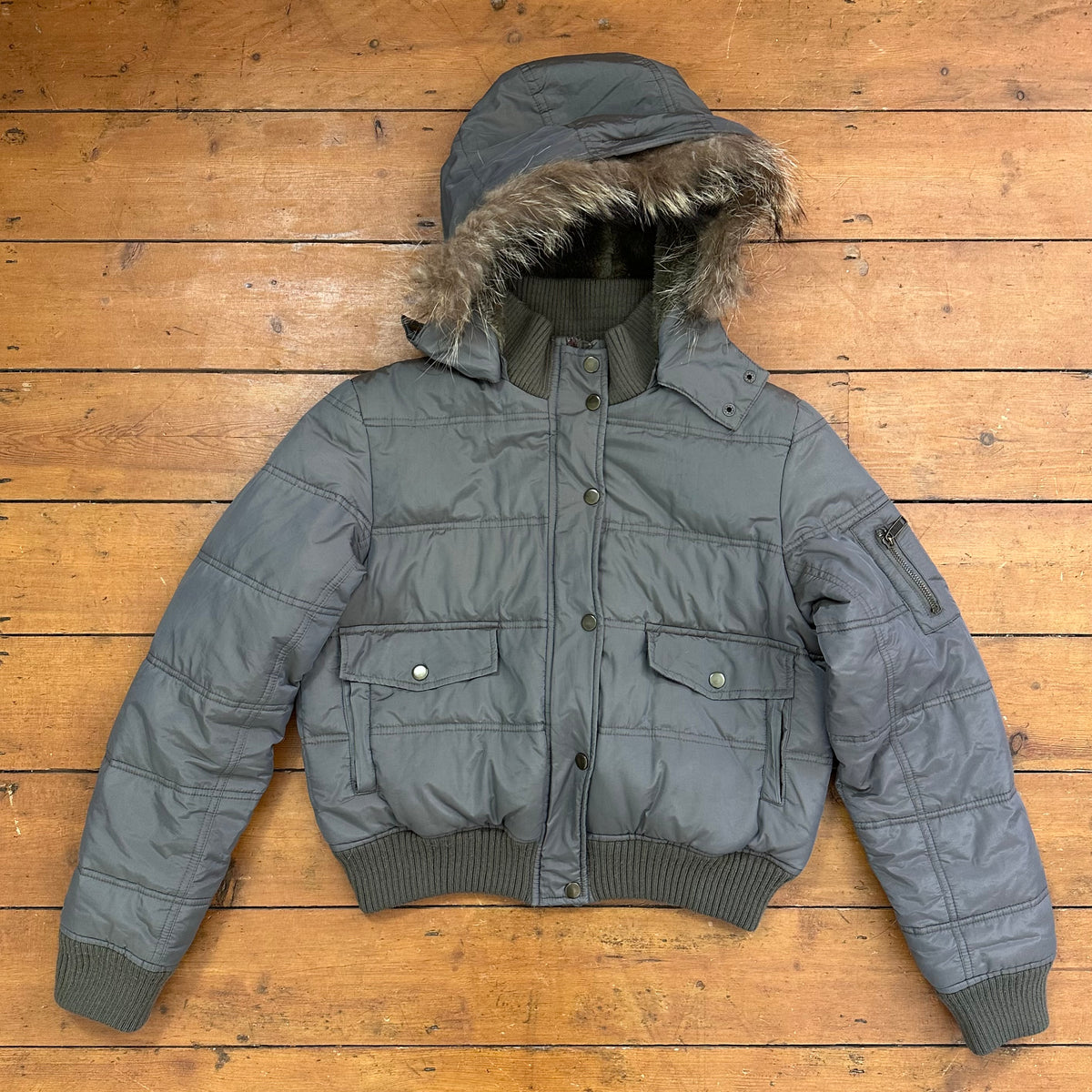 vintage 00s grey / brown hooded bomber with faux fur trim