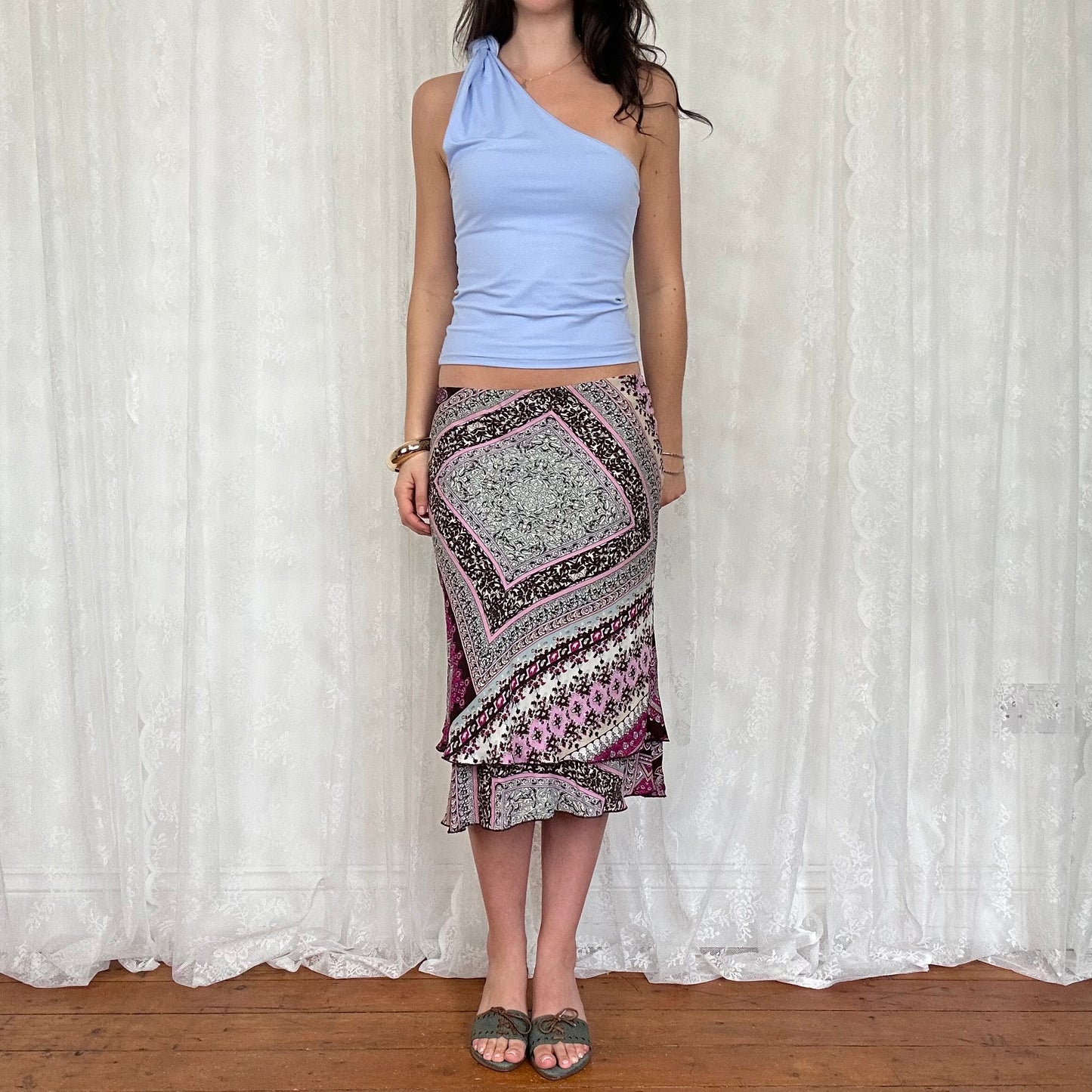 vintage 00s powder blue one shoulder scarf top