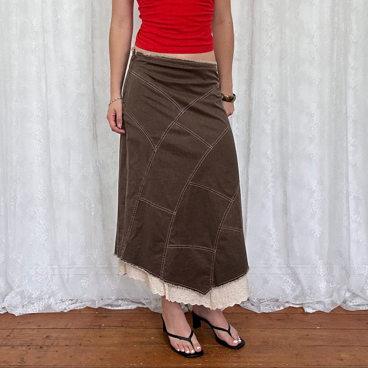 vintage 00s brown patchwork maxi skirt