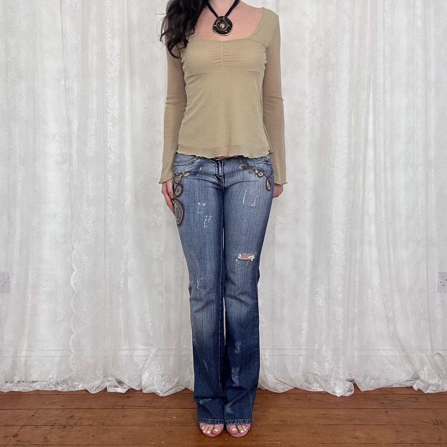vintage 00s beige mesh babydoll top