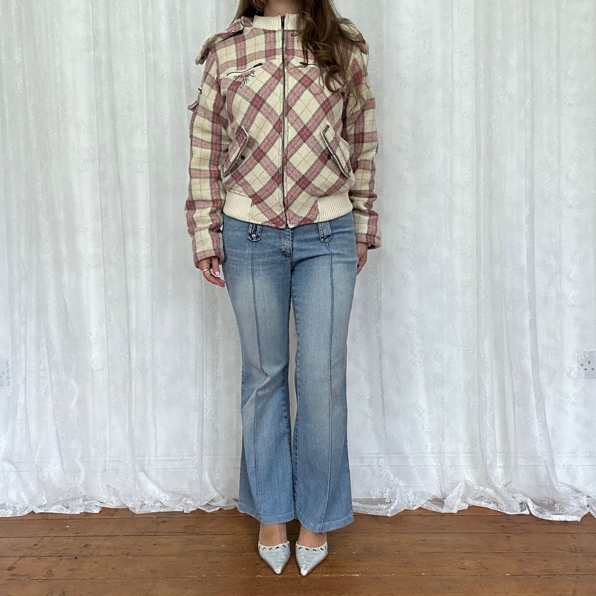 vintage 00s pink and white checkered hooded bomber jacket