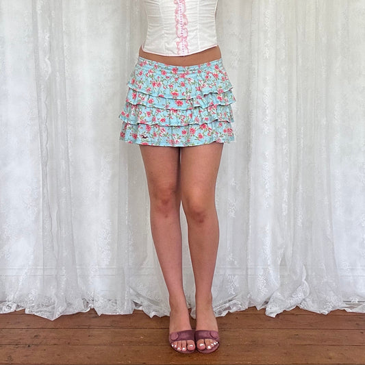 vintage 00s hollister blue floral ruffle skirt