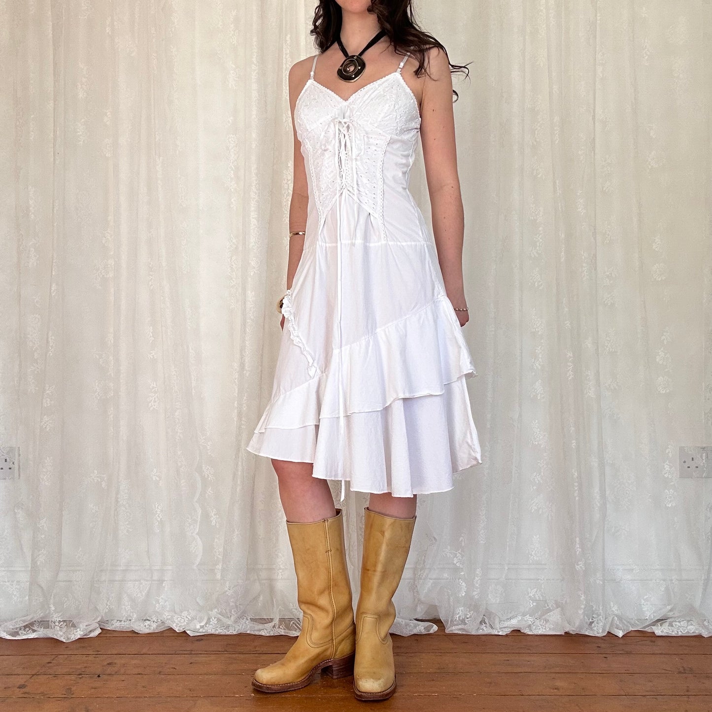 vintage 00s white broderie tie up front midi dress