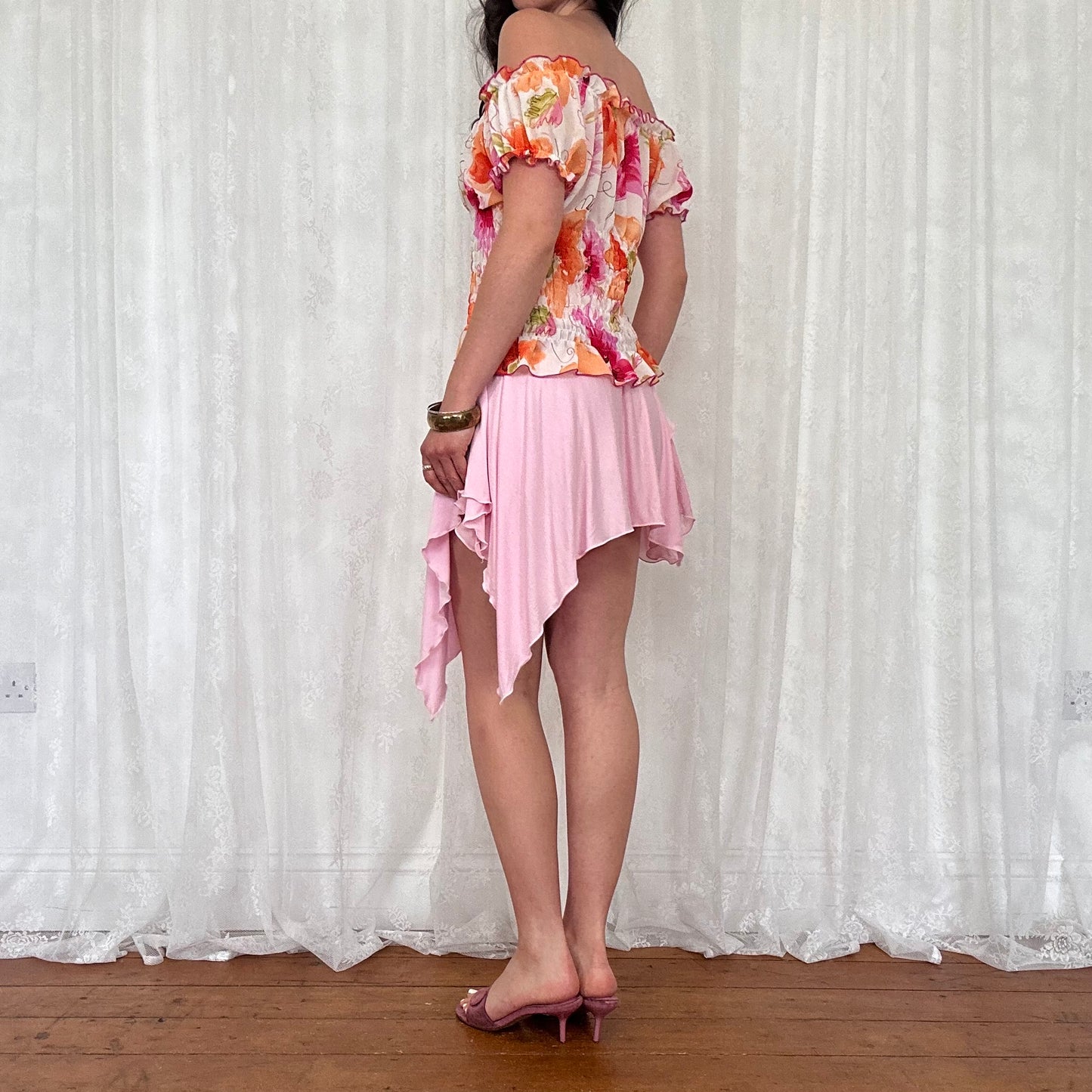 vintage 00s floral shirred milkmaid top