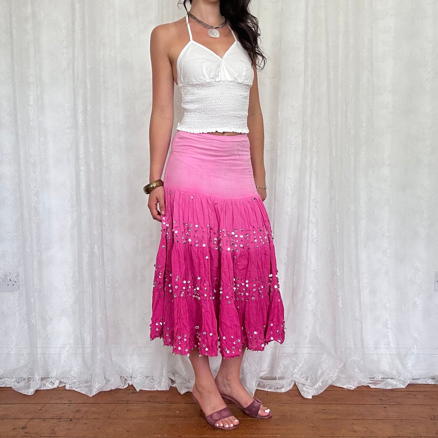 vintage 00s white shirred halter neck cami