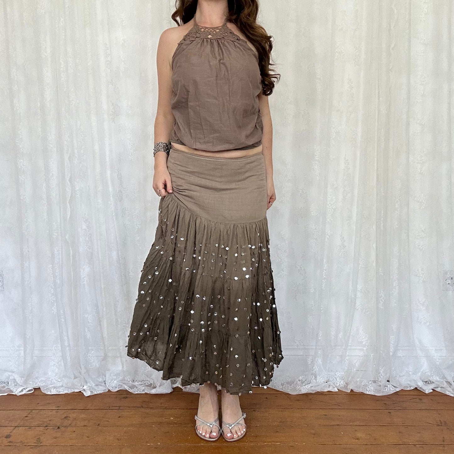 vintage 00s brown crochet detail halter top