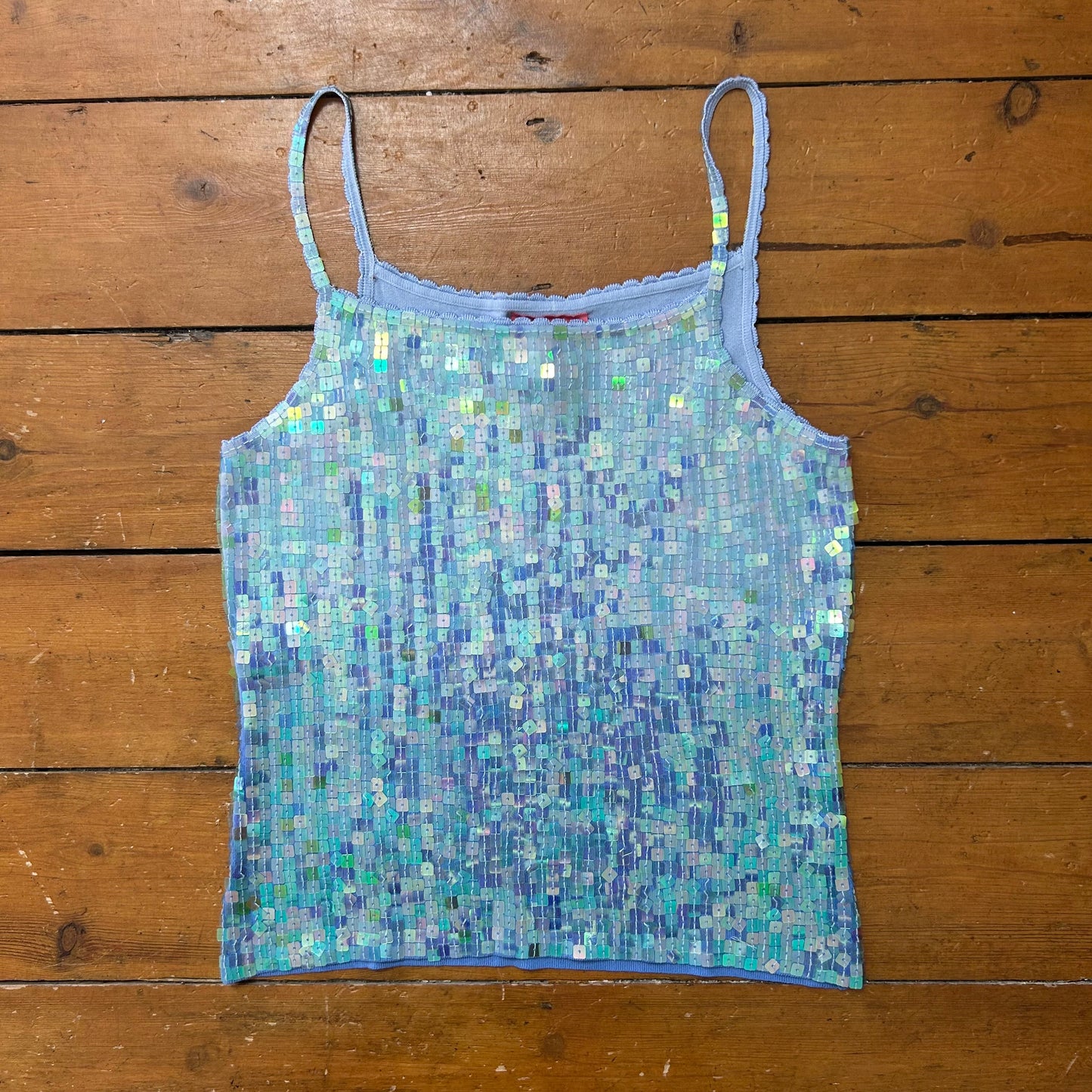 vintage 00s reńe derhy blue sequin cami