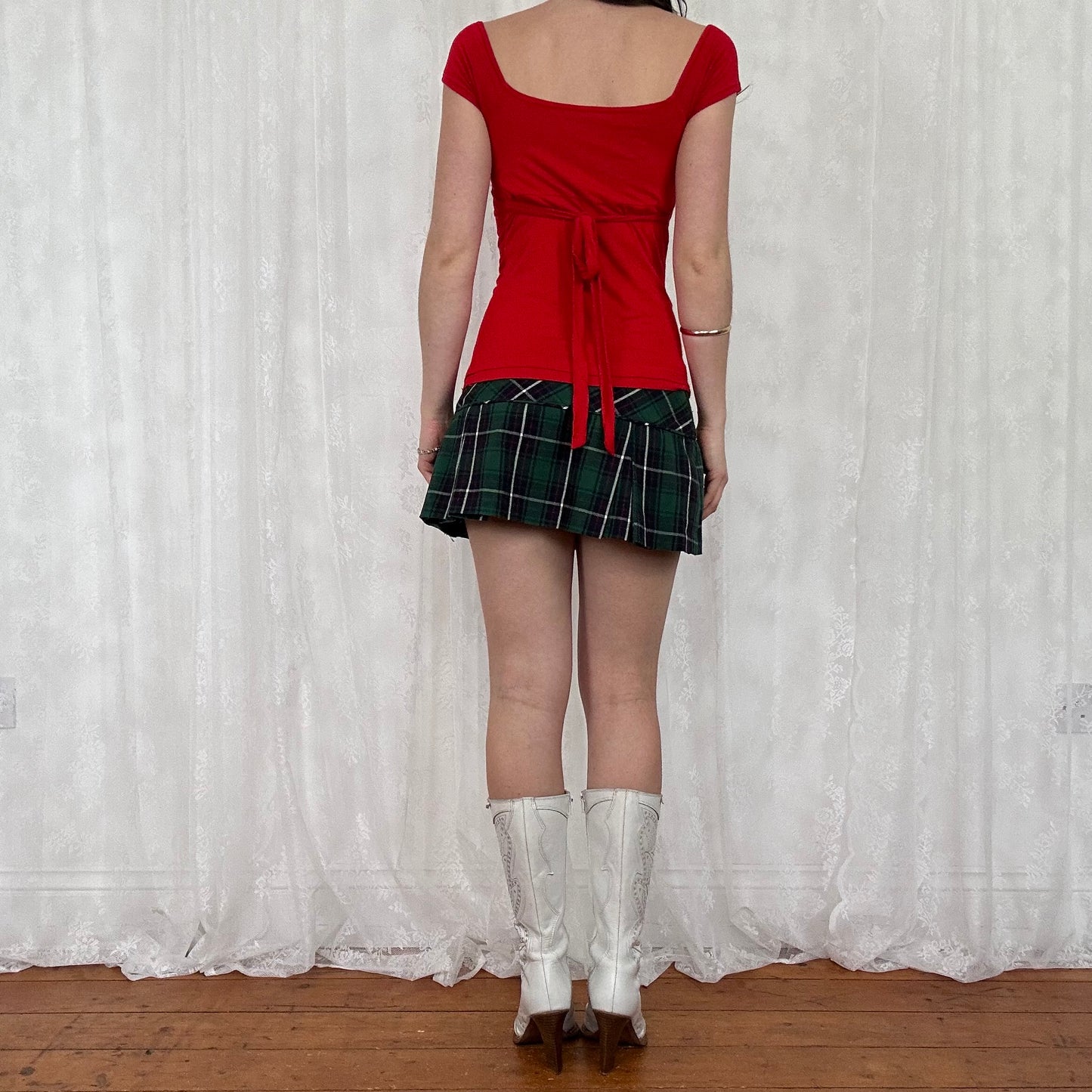 vintage 00s red off shoulder tie back top