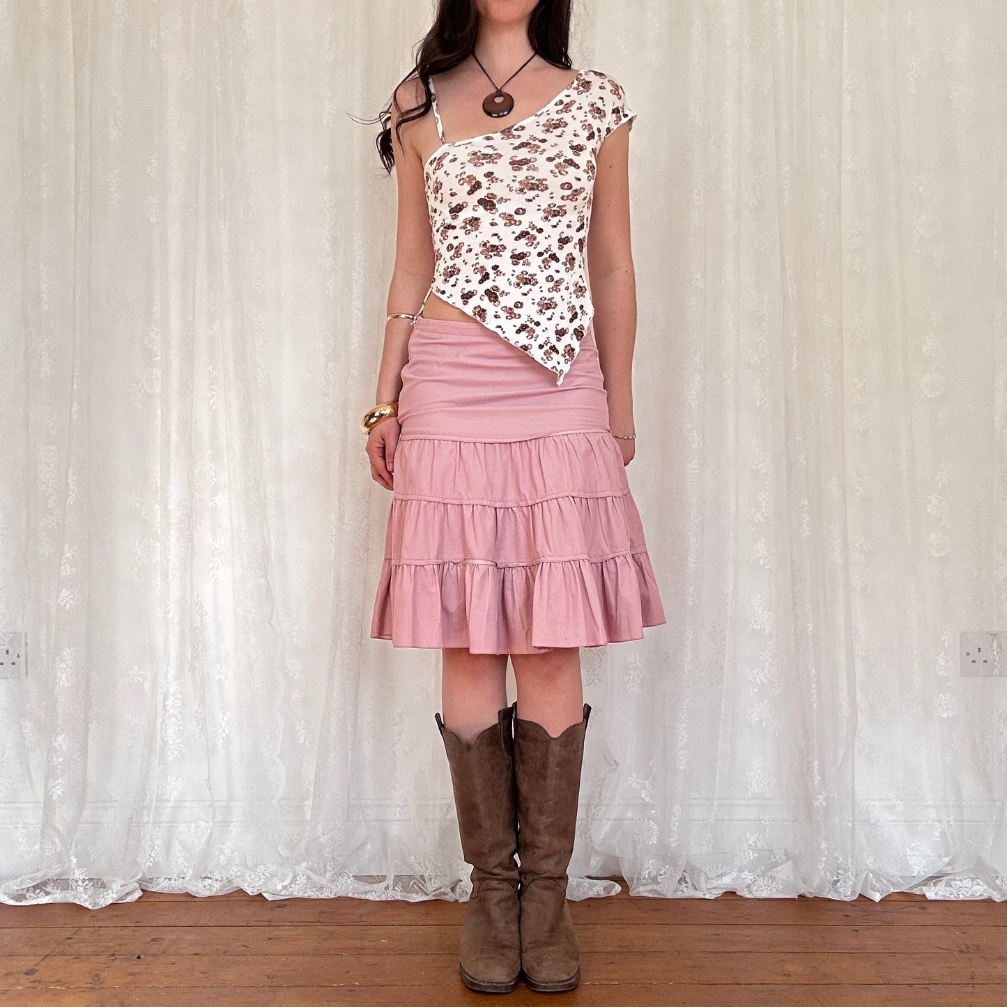 vintage 00s brown floral asymmetrical one shoulder top
