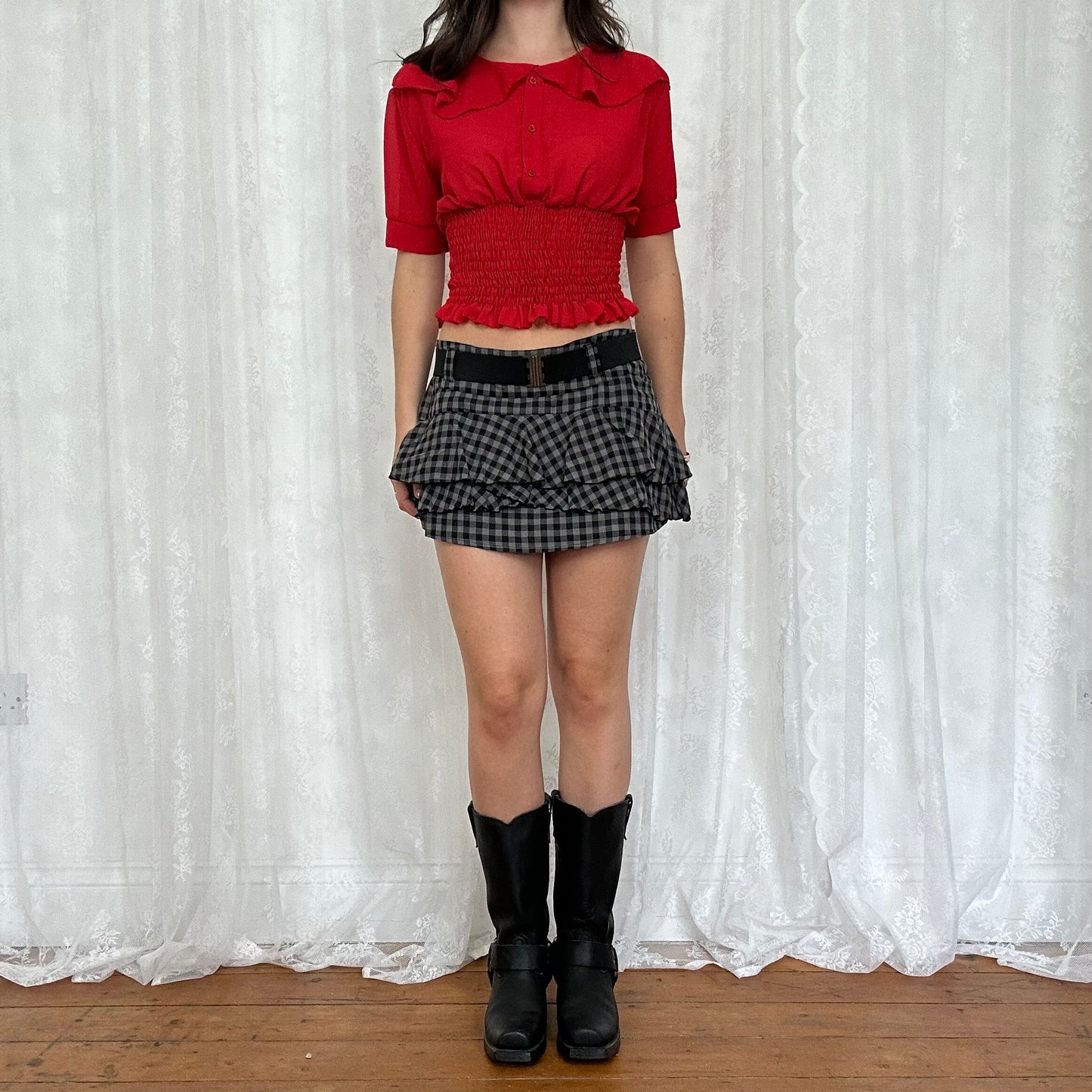 vintage 00s black and grey checkered rara skirt
