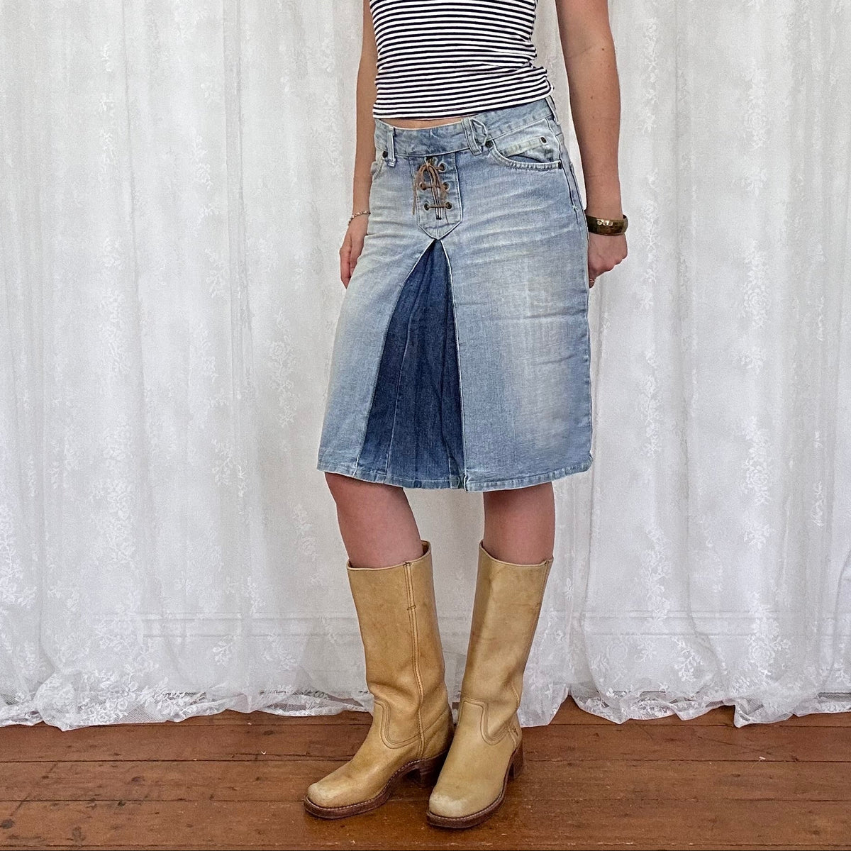 vintage 00s denim lace up midi skirt