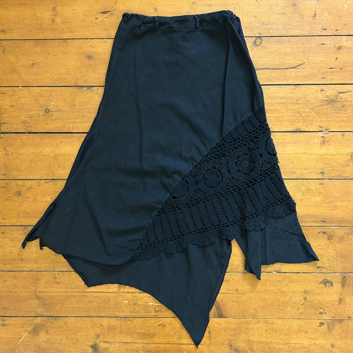 vintage 00s black midi skirt with crochet insert