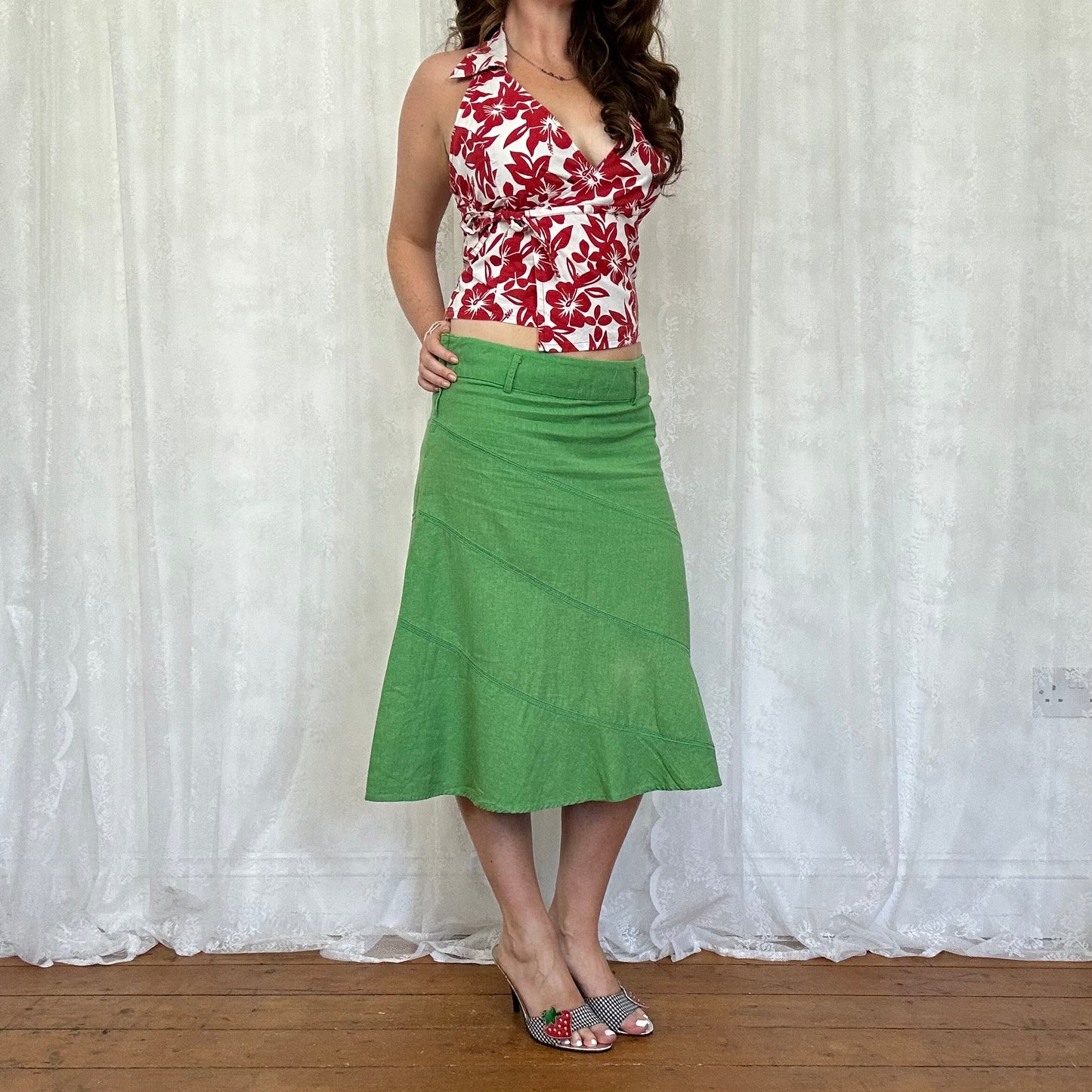 vintage 00s red and white floral wrap halter top