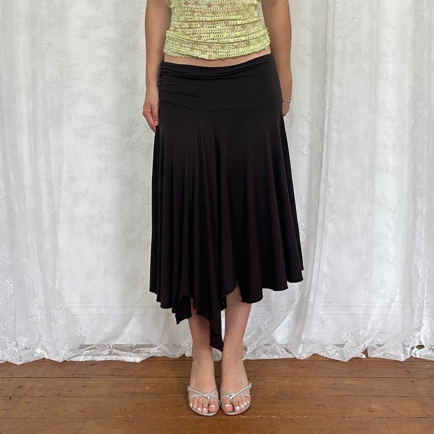 vintage 00s brown asymmetrical hem midi skirt