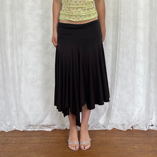 vintage 00s brown asymmetrical hem midi skirt