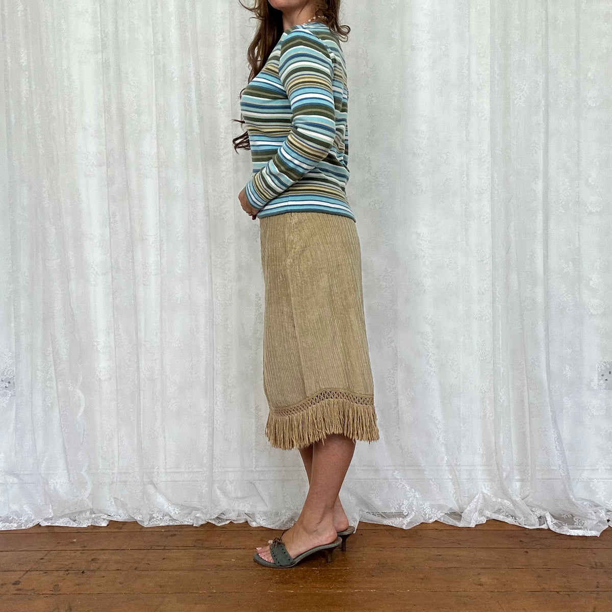 vintage 00s brown and blue striped long sleeve top