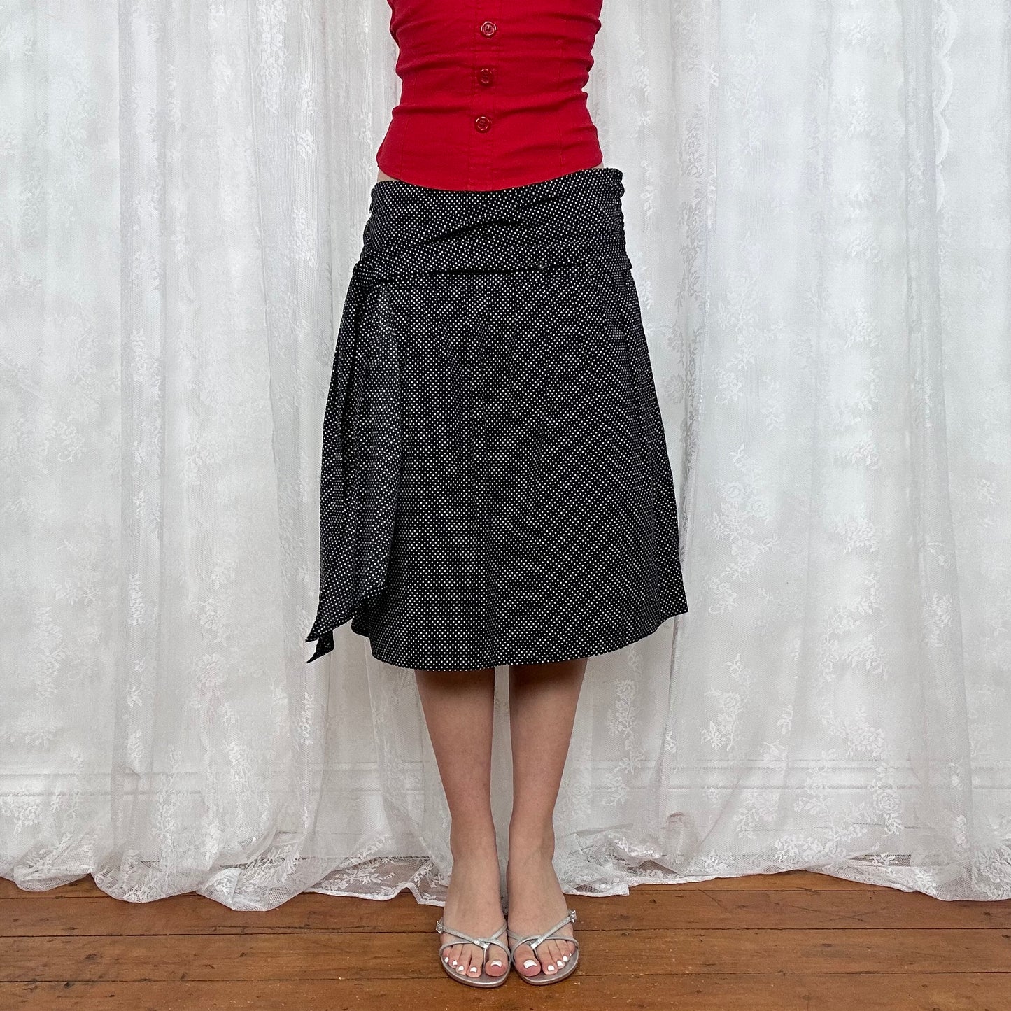 vintage 00s polka dot tie waist midi skirt
