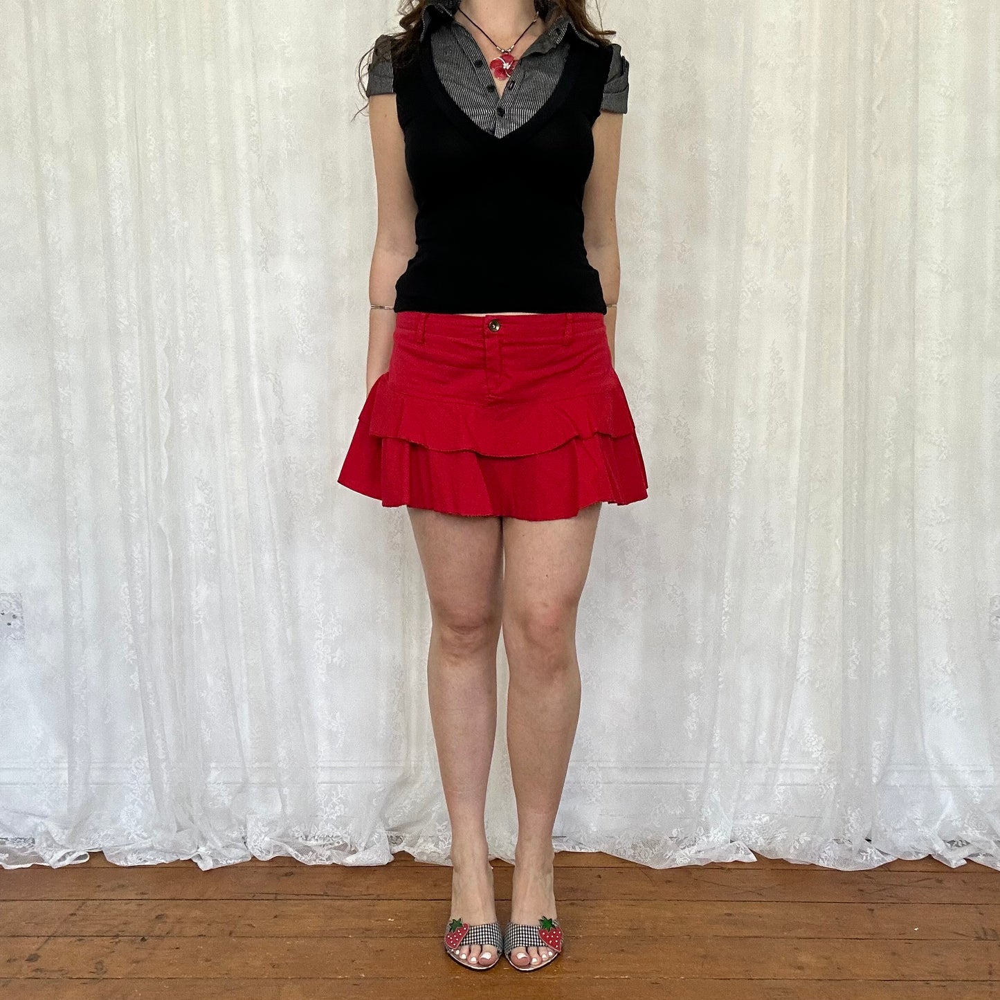 vintage 00s red frill hem mini skirt
