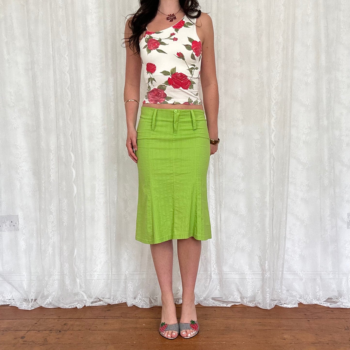 vintage 00s white and red rose cami
