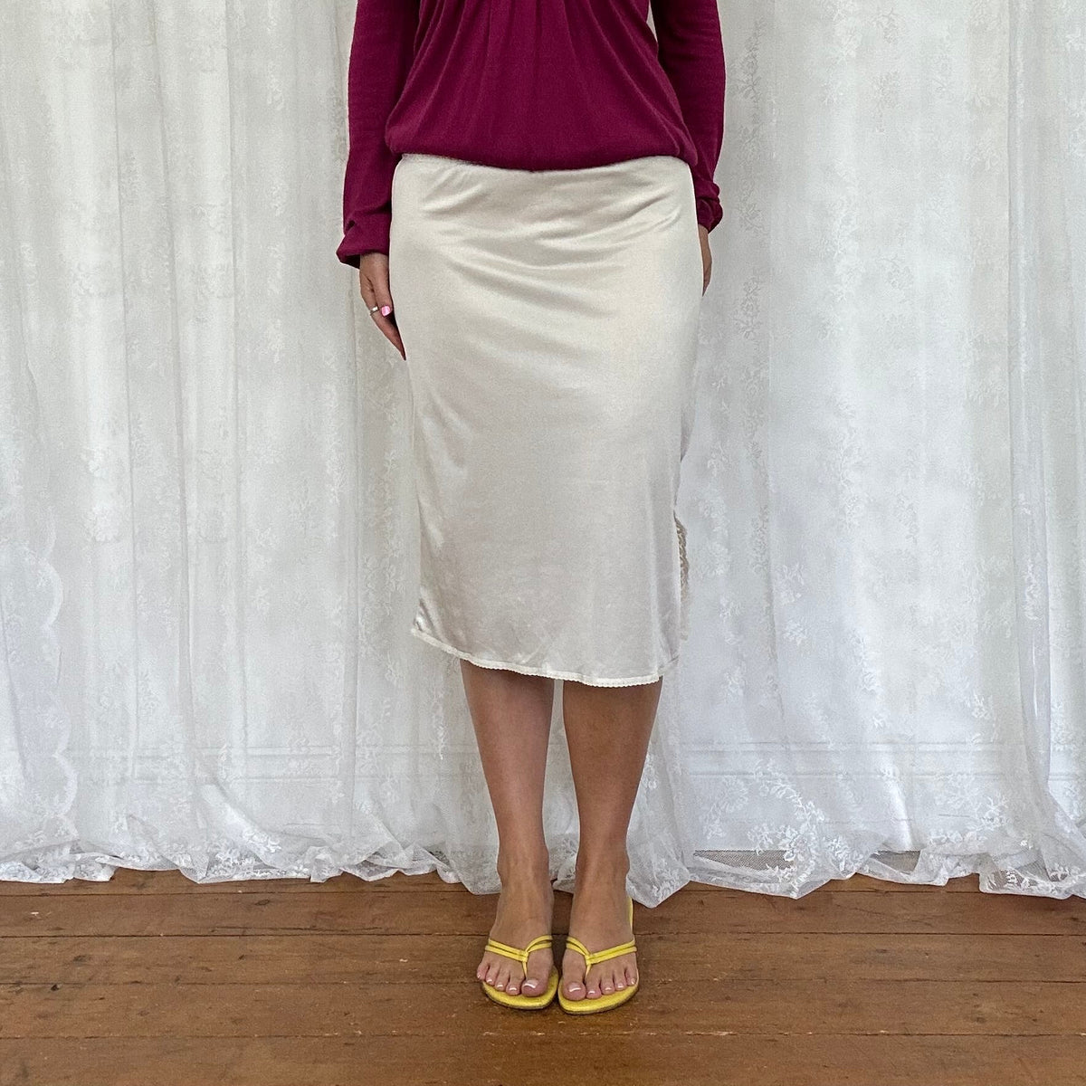 vintage 00s cream satin slip midi skirt