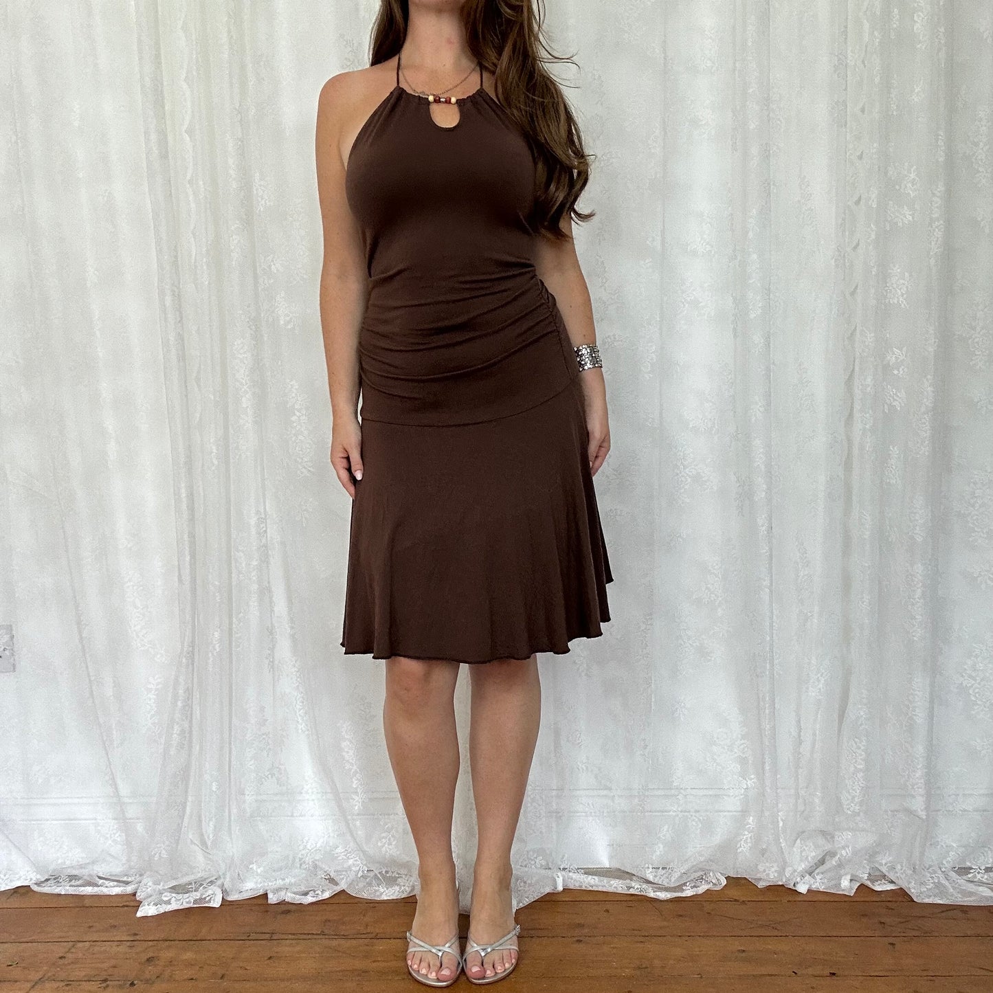 vintage 00s brown halter midi dress with bead detailing
