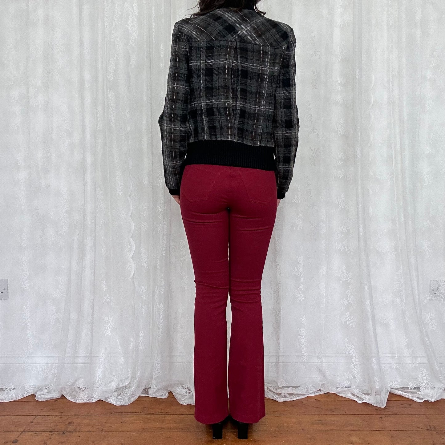 vintage 00s grey and black checkered wool bomber jacket