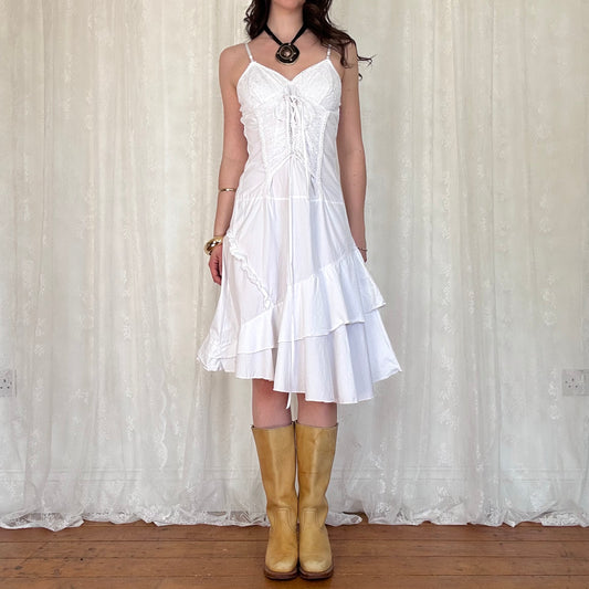 vintage 00s white broderie tie up front midi dress