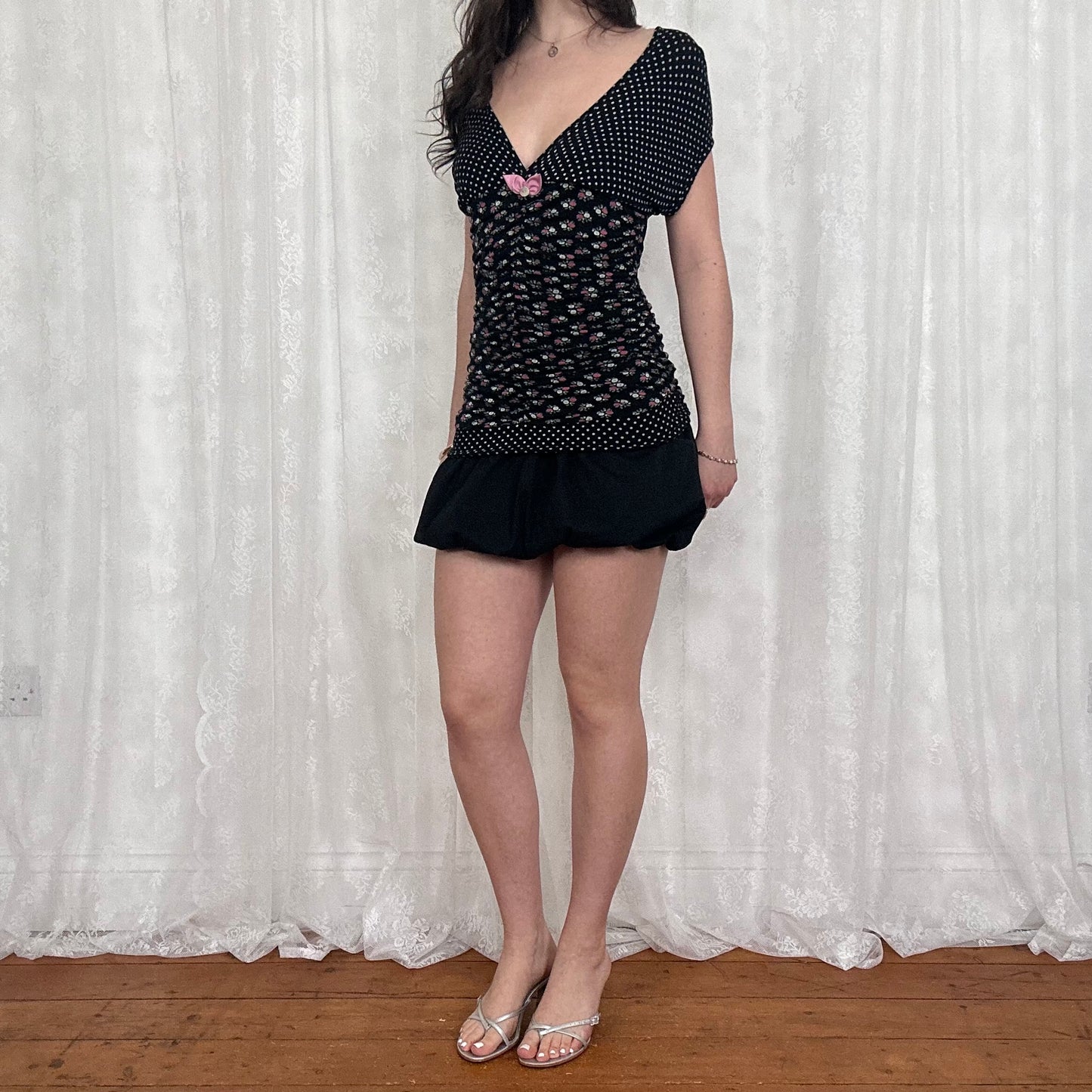 vintage 00s black ruched polka dot and floral top