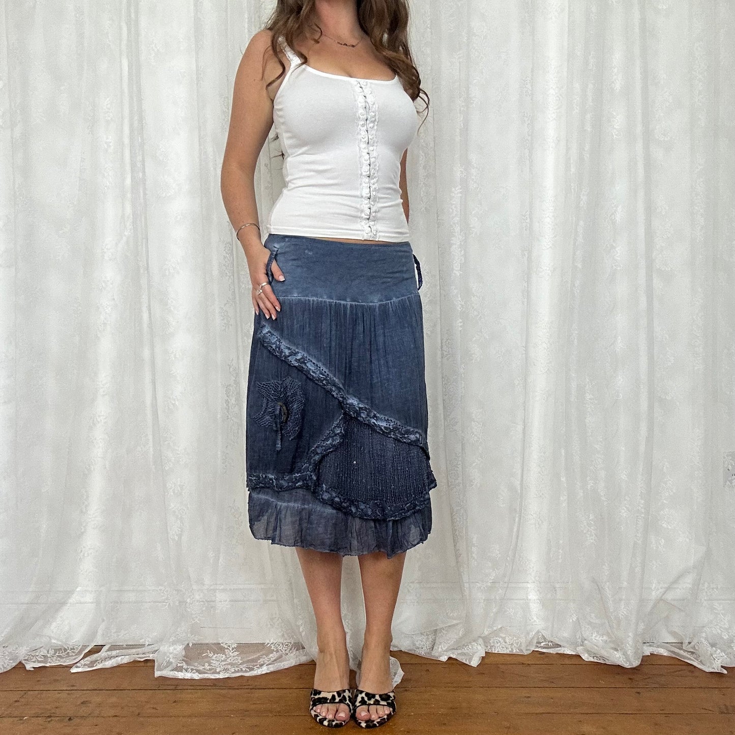 vintage 00s ink blue crochet detail midi skirt
