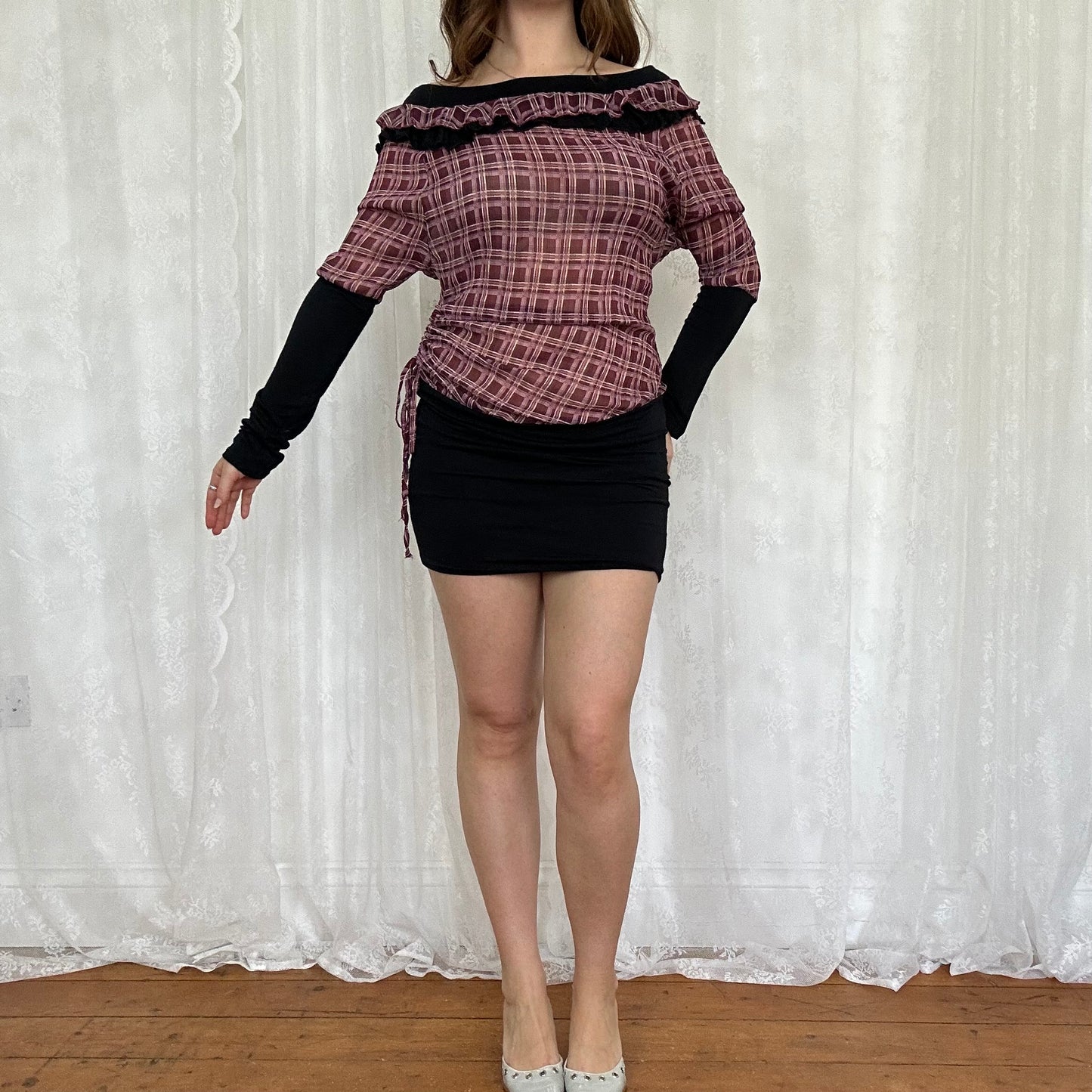 vintage 00s purple mesh checkered mini dress