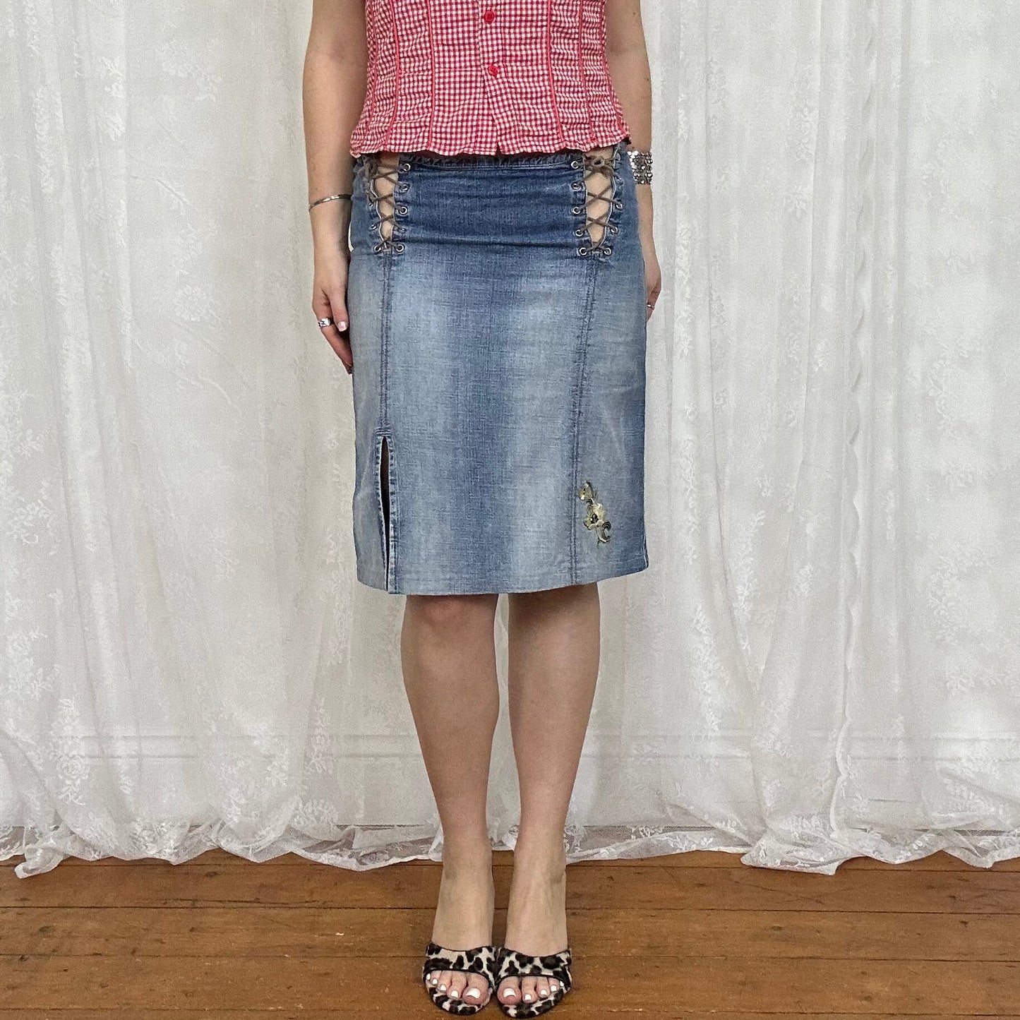 vintage 00s denim midi skirt with corset tie up sides