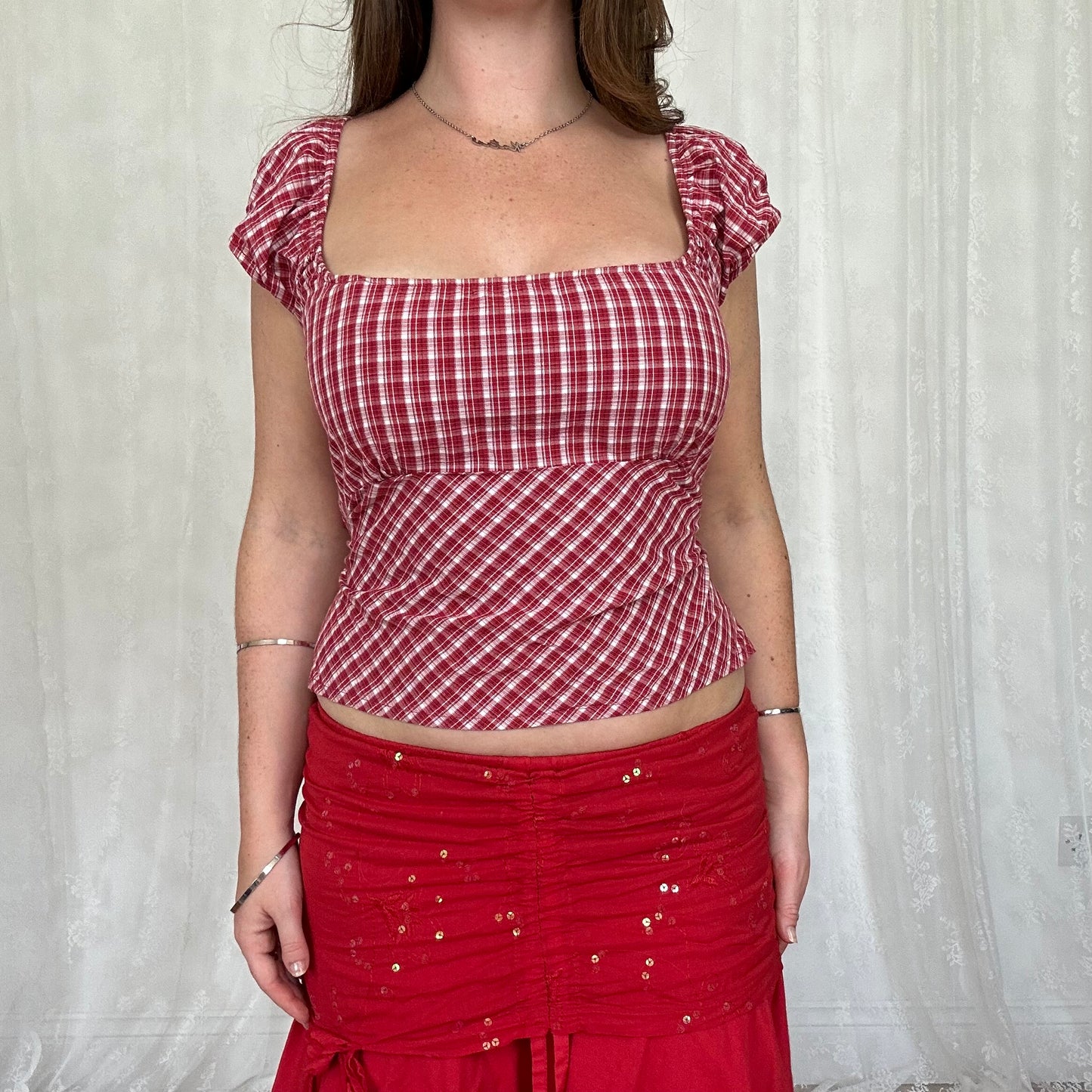 vintage 00s red checkered tie back milkmaid top