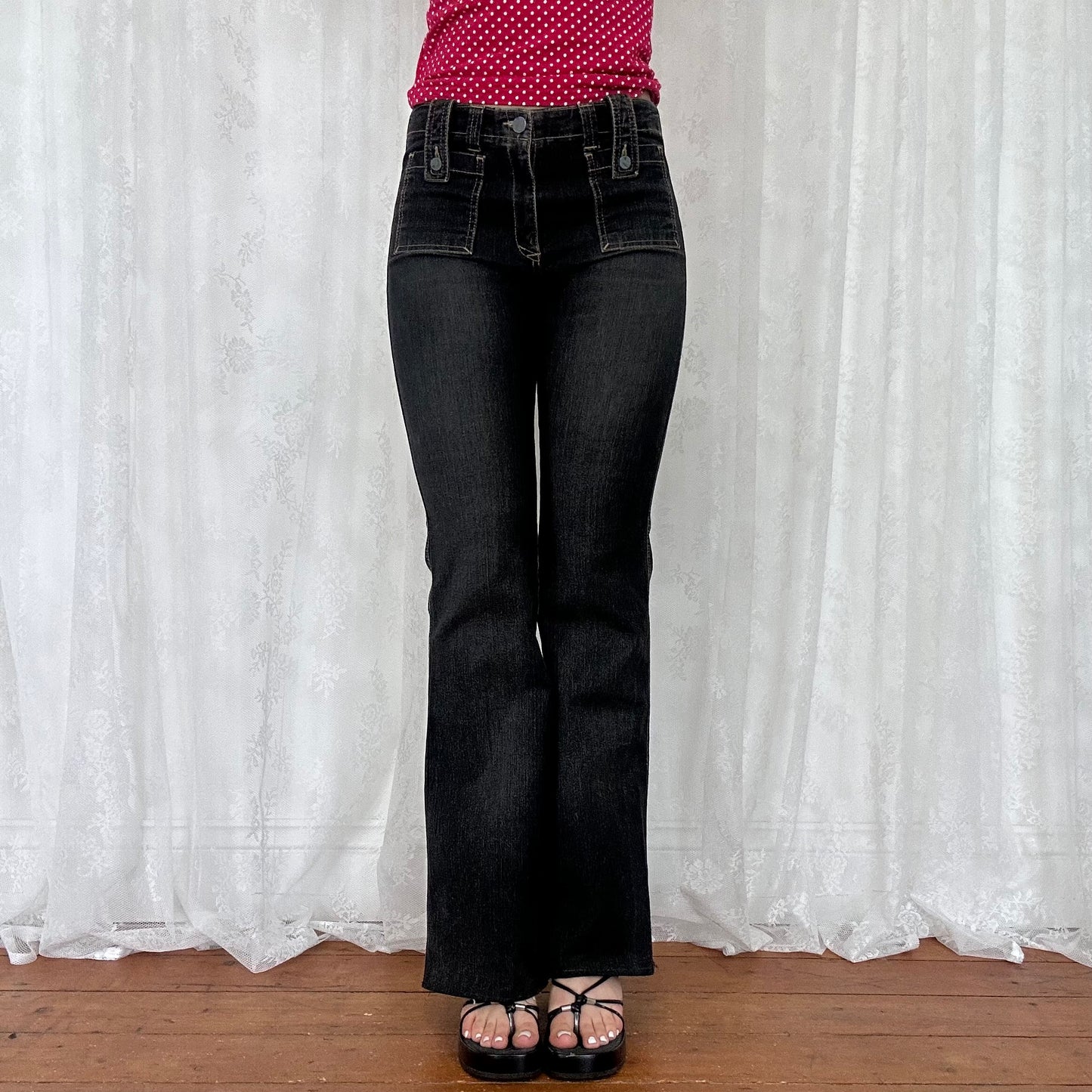 vintage 00s washed black low rise flared jeans