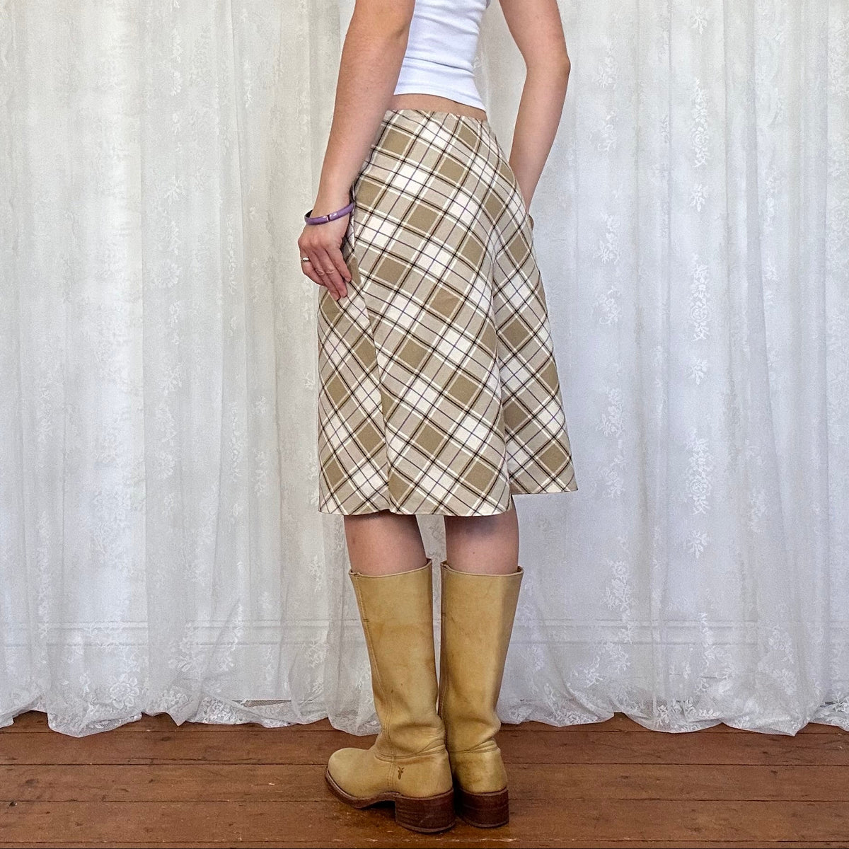 vintage 00s beige checkered midi skirt