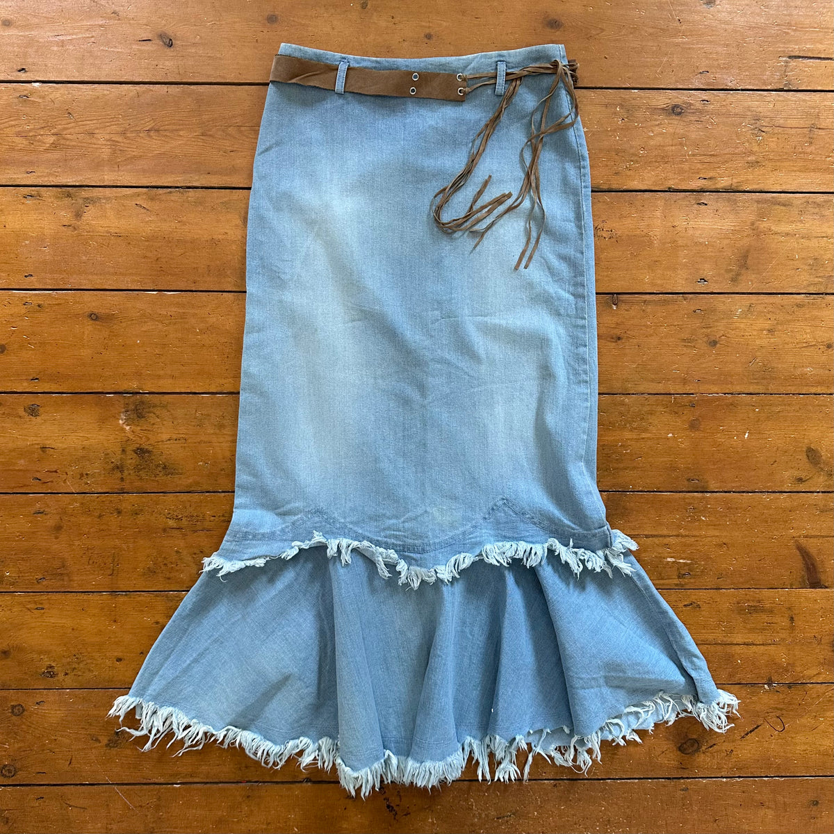 vintage 00s denim fishtail maxi skirt with attached belt