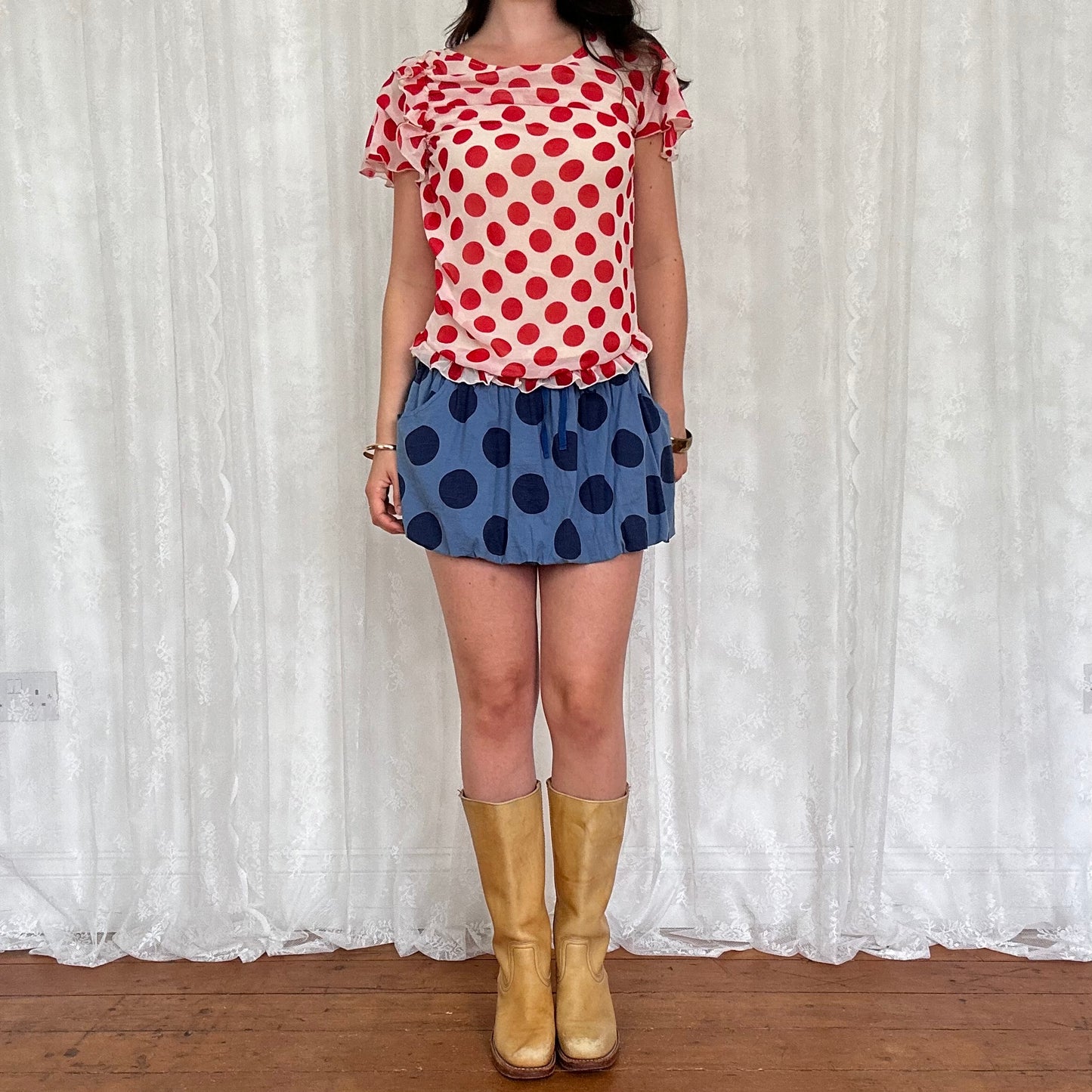 vintage 00s blue polka dot puffball skirt