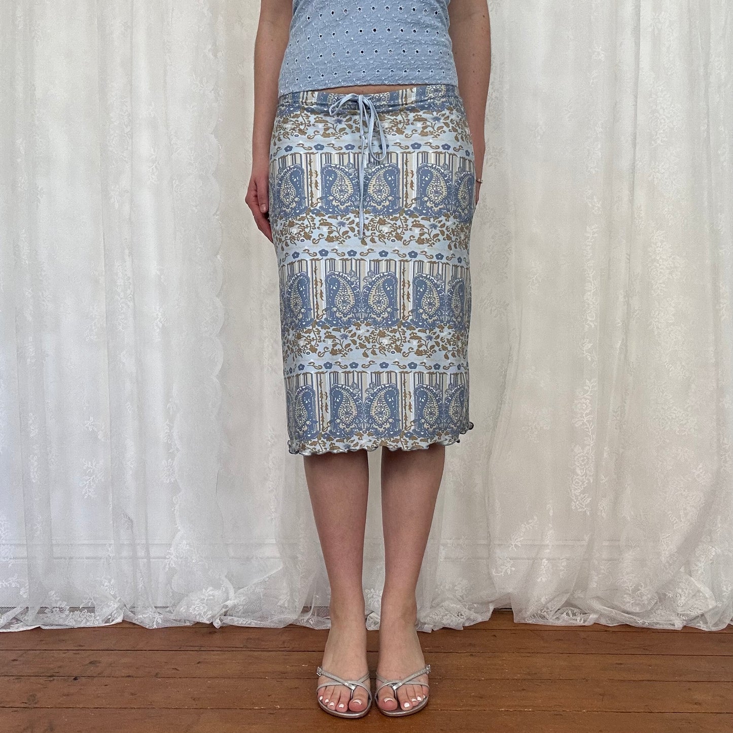 vintage 00s blue and brown paisley midi skirt
