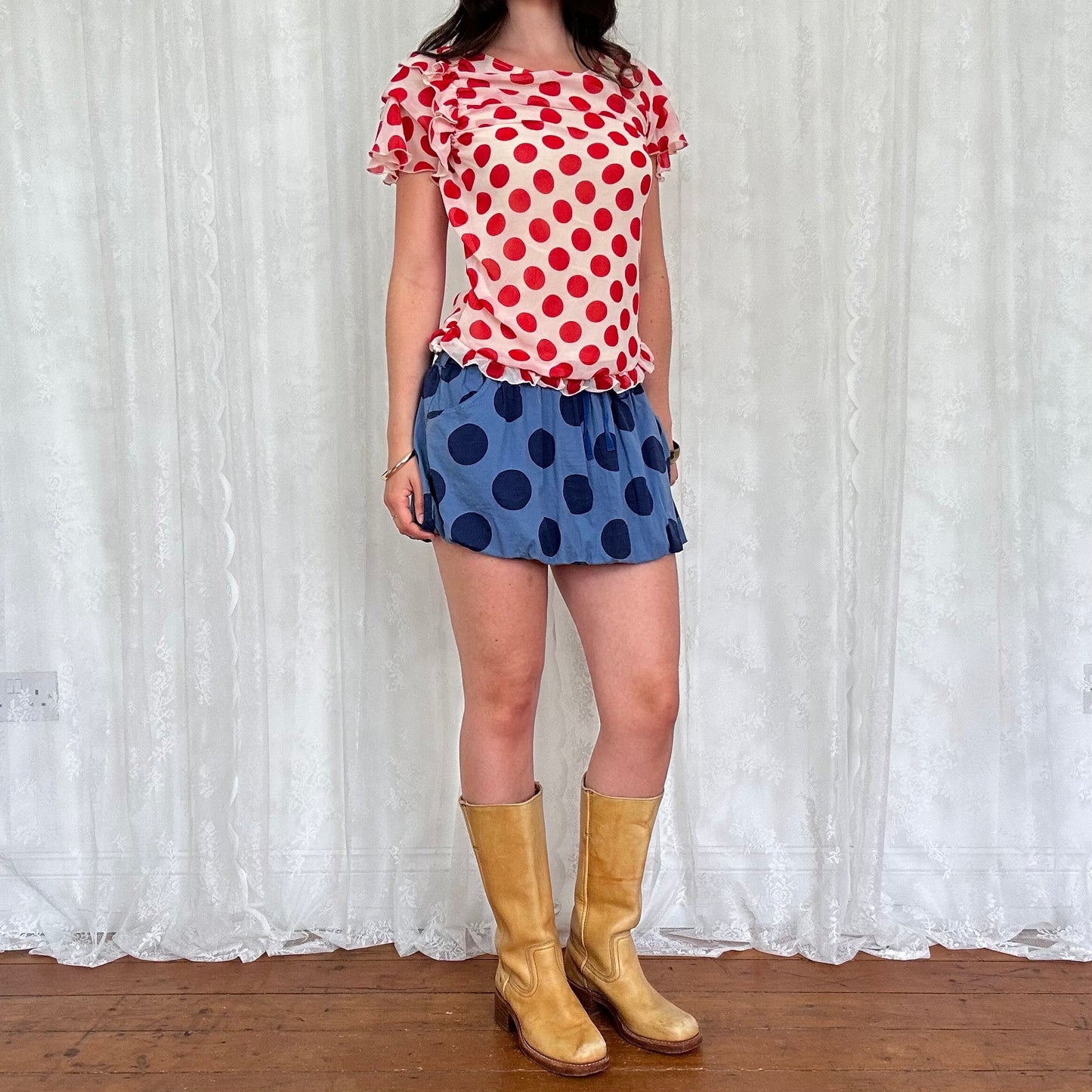 vintage 00s red polka dot ruffle top