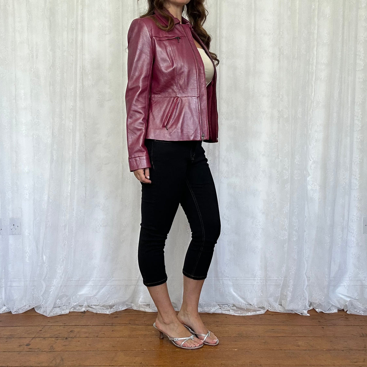 vintage 00s magenta metallic leather jacket