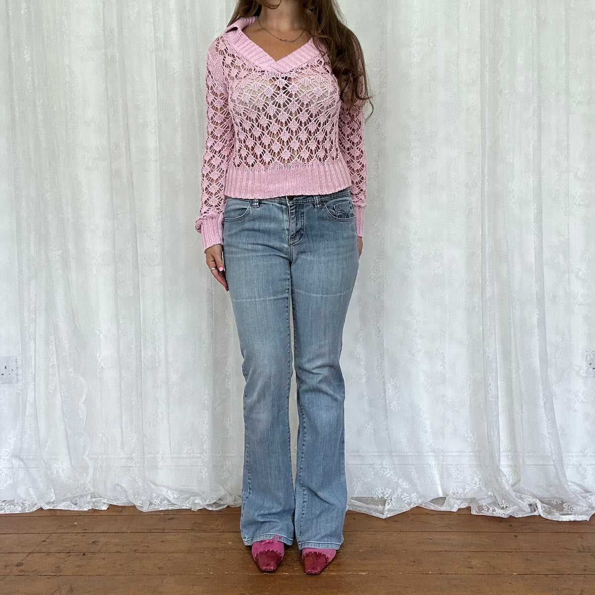 vintage 00s baby pink crochet long sleeve jumper