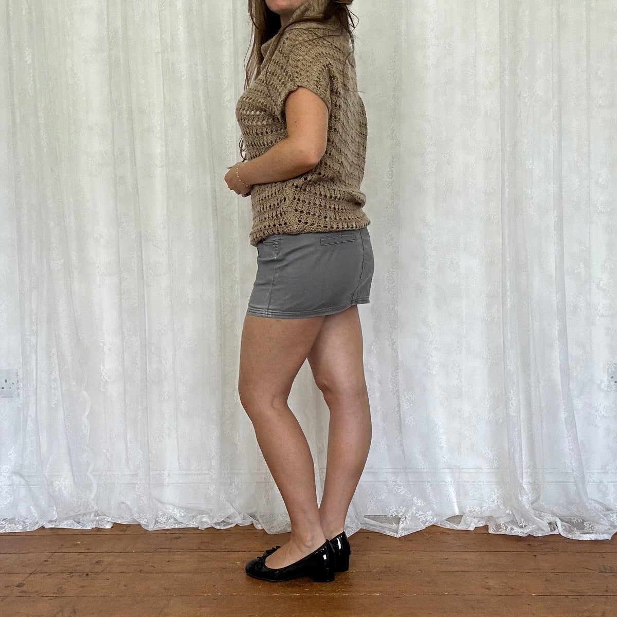 vintage 00s brown crochet short sleeve jumper/ mini dress
