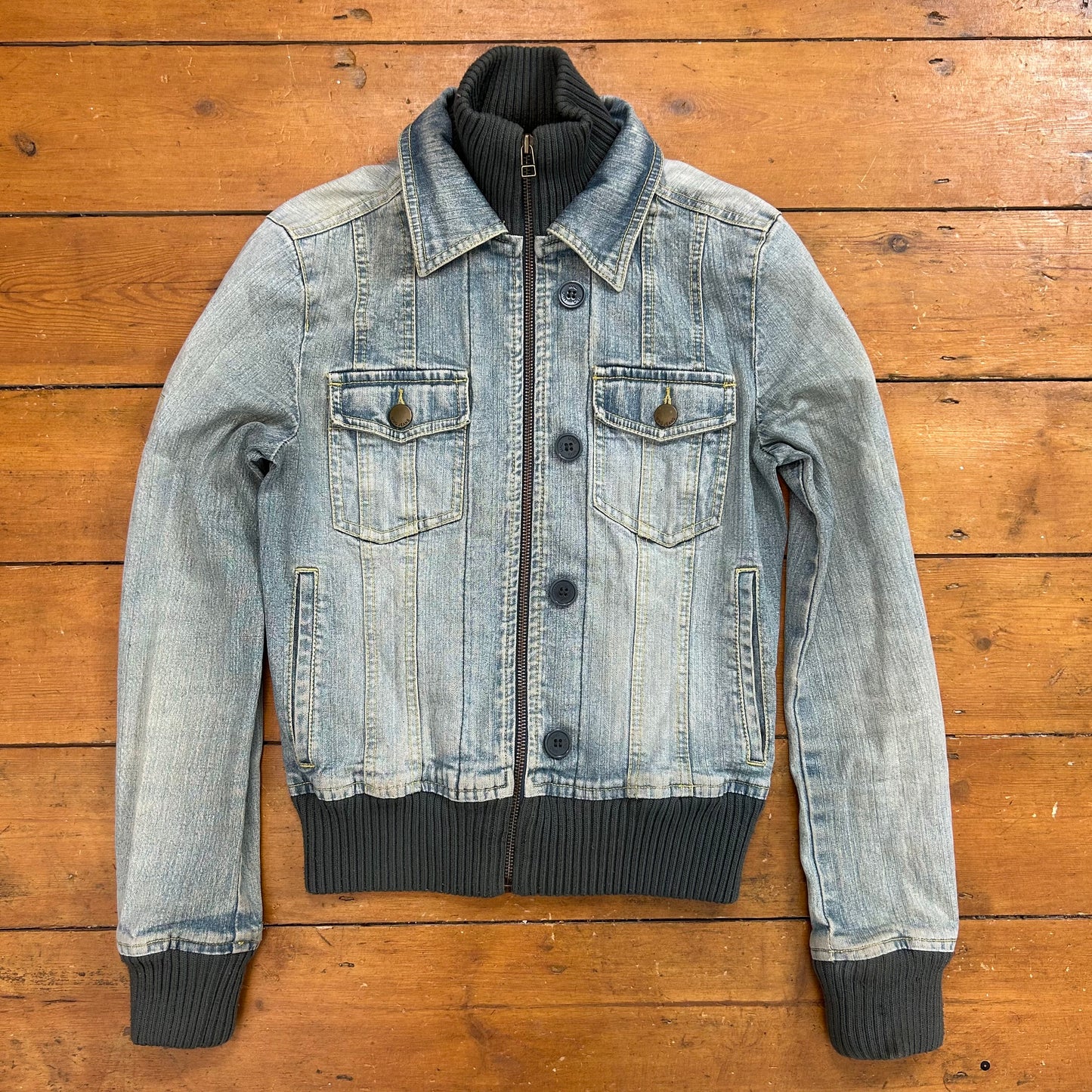 vintage 00s light wash denim bomber jacket