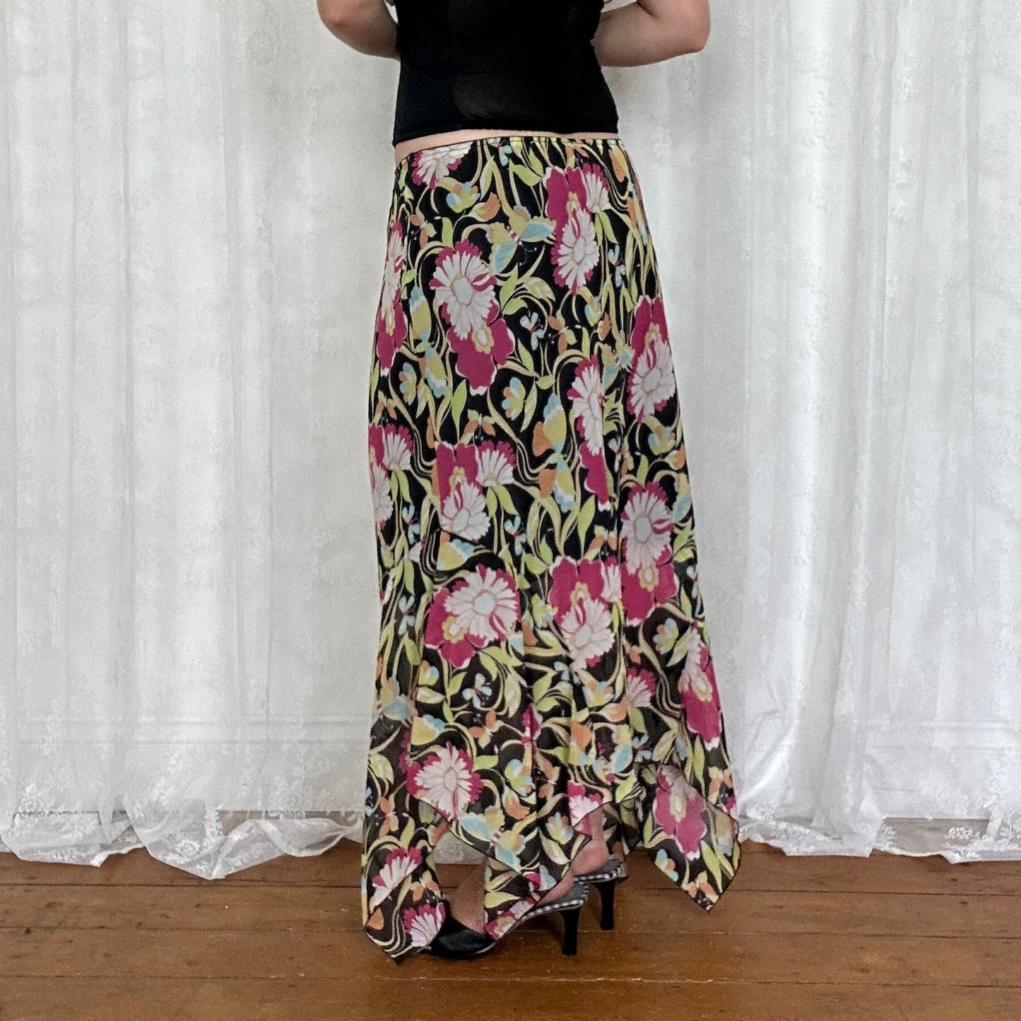 vintage 00s pink and black floral midi maxi skirt
