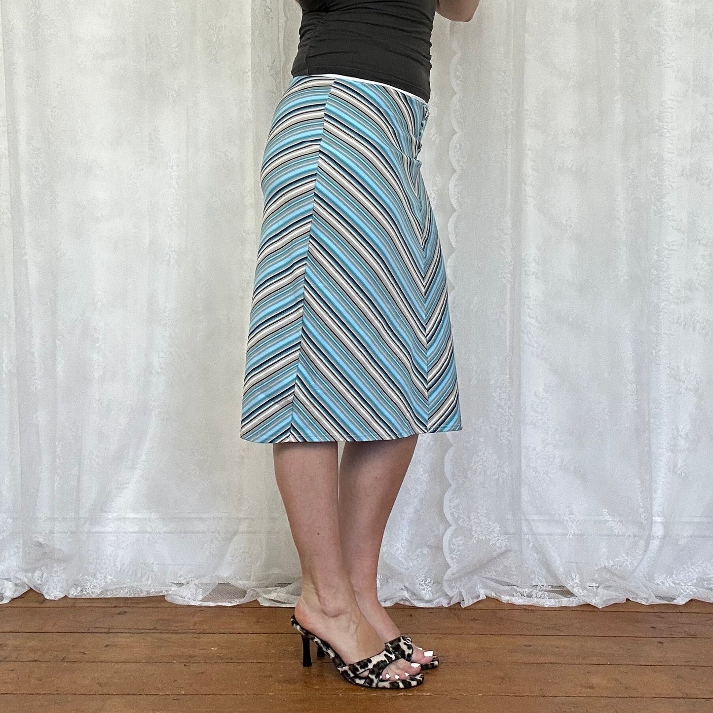 vintage 00s blue and brown striped midi skirt