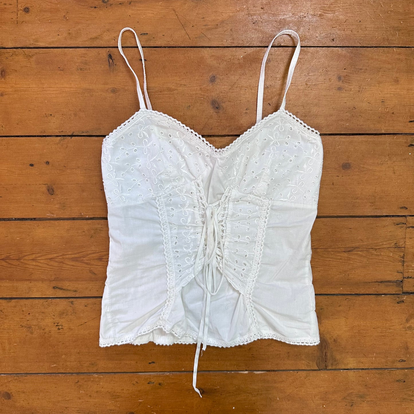 vintage 00s white broderie tie front cami