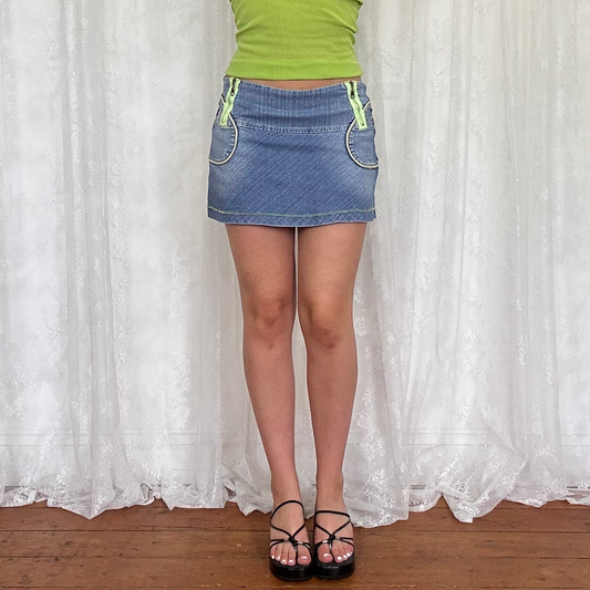 vintage 00s denim a line mini skirt with green zip detail