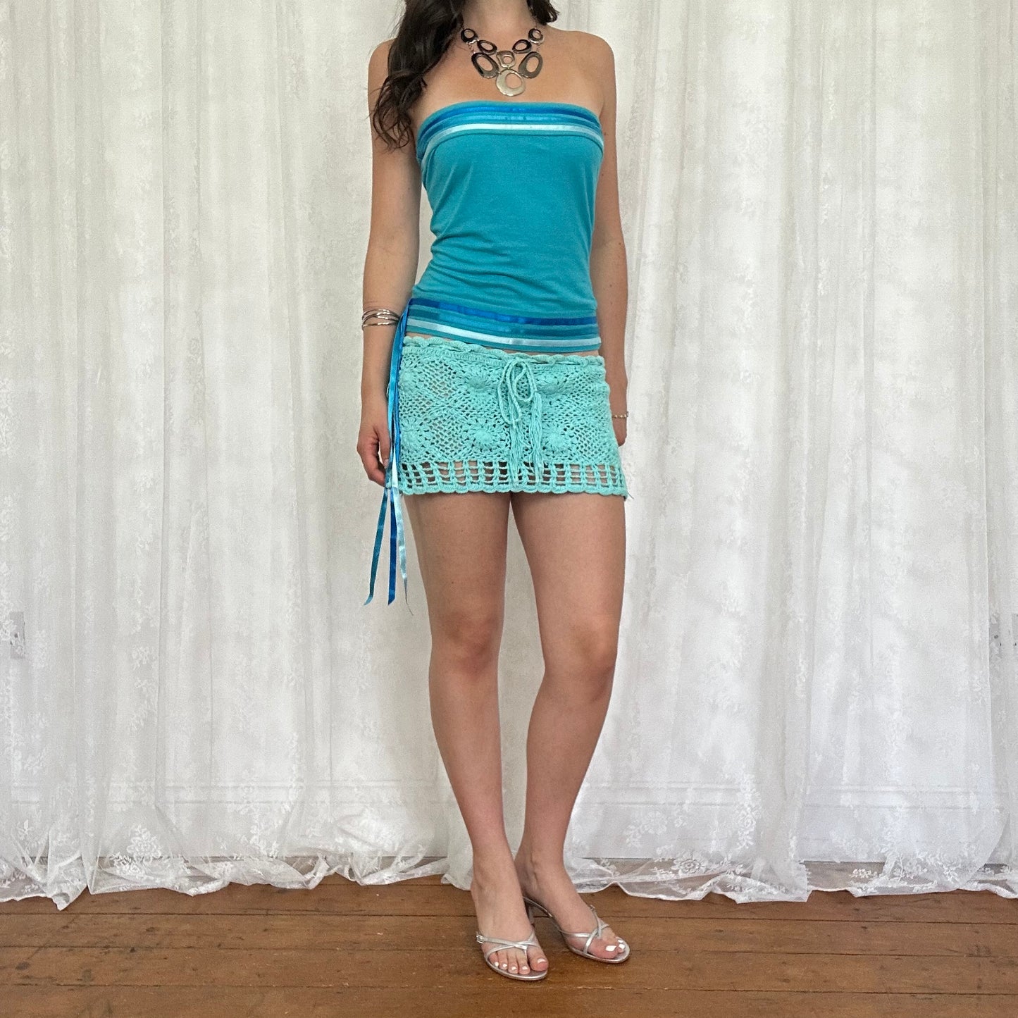 vintage 00s blue crochet micro mini skirt