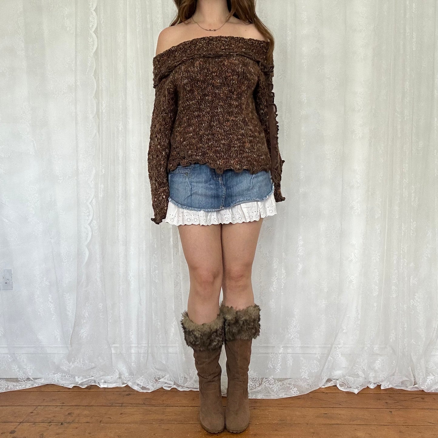 vintage 00s brown knitted off shoulder jumper