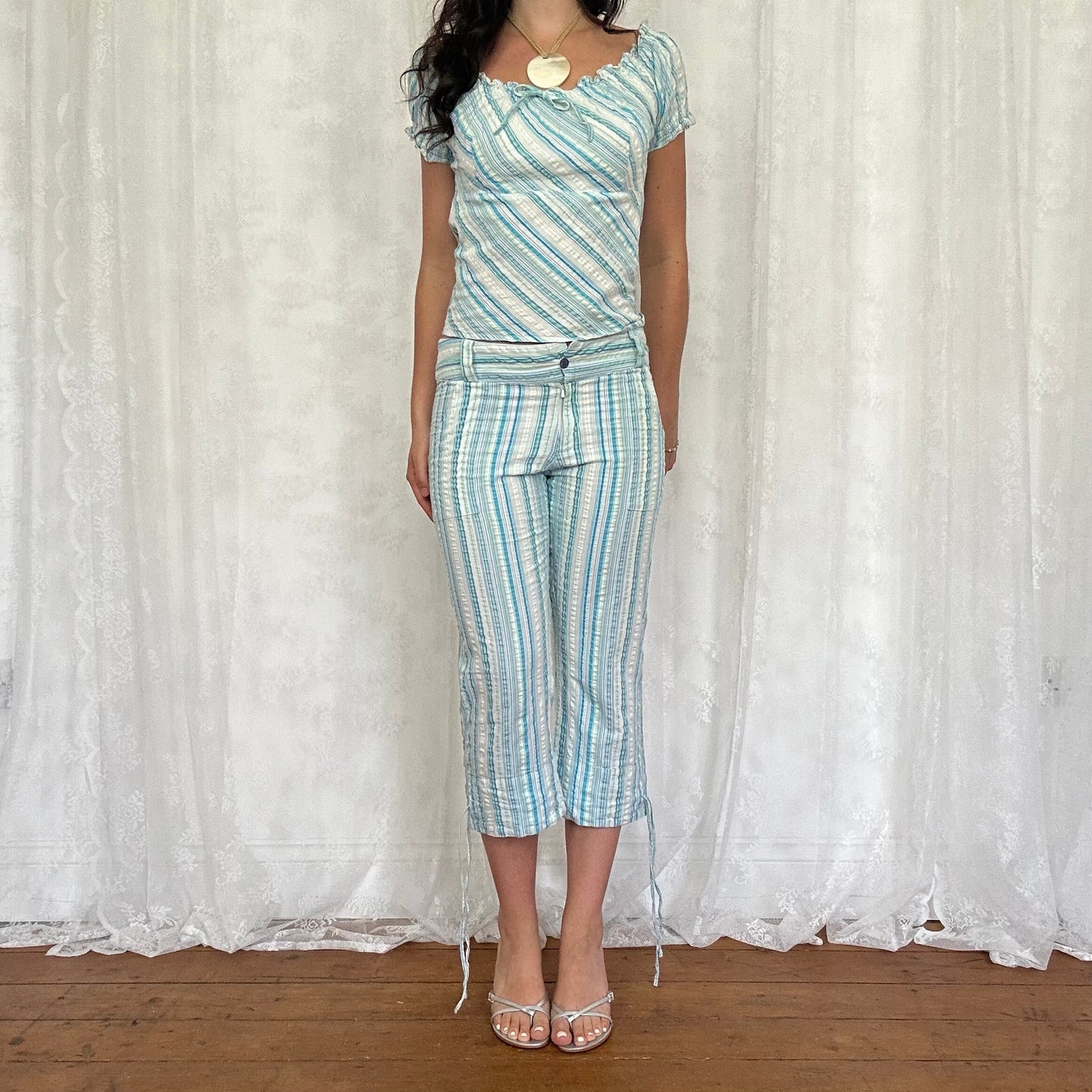 vintage 00s blue pinstripe capri and top co ord